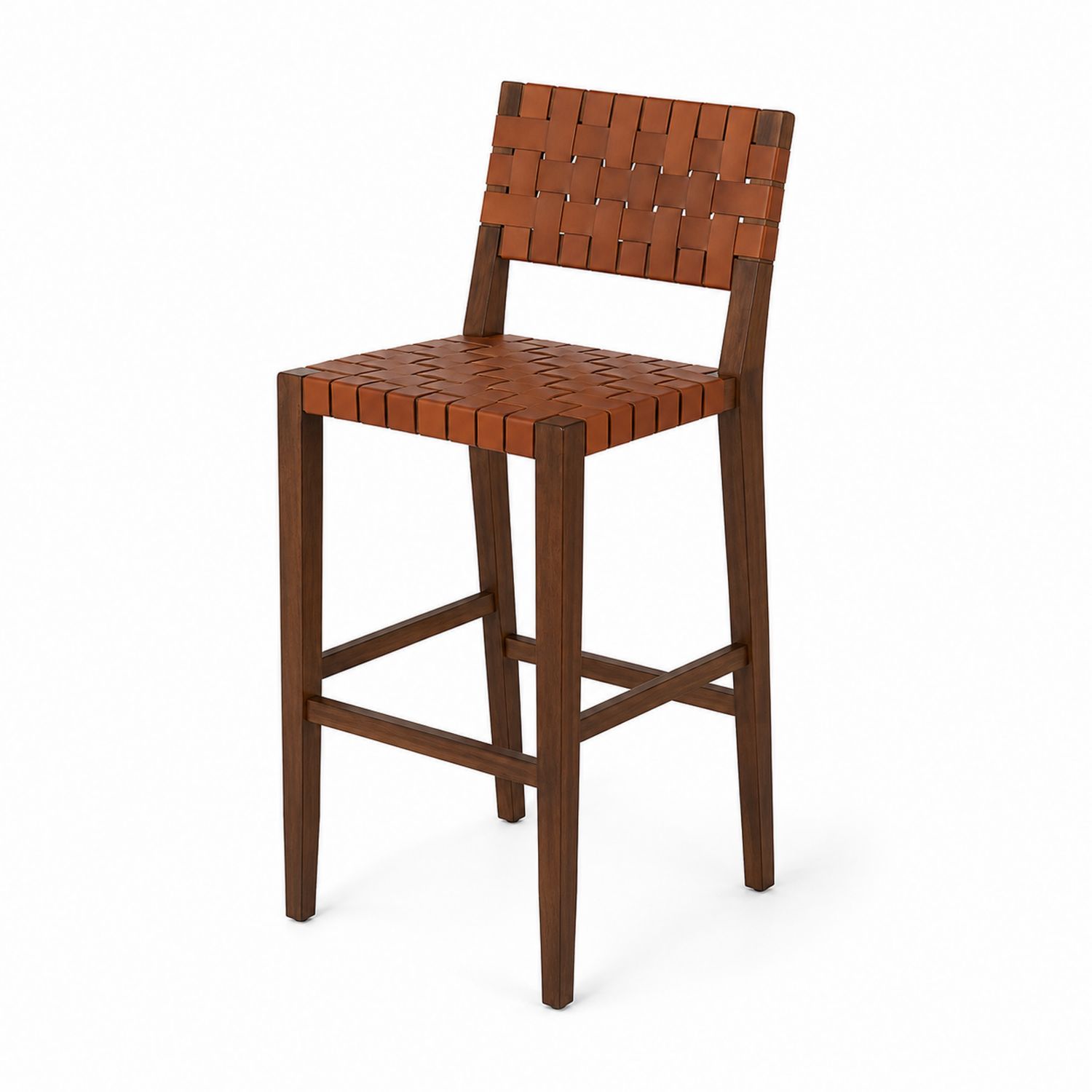 Tabouret de bar en bois et cuir synthétique tressé marron, hauteur 75 cm