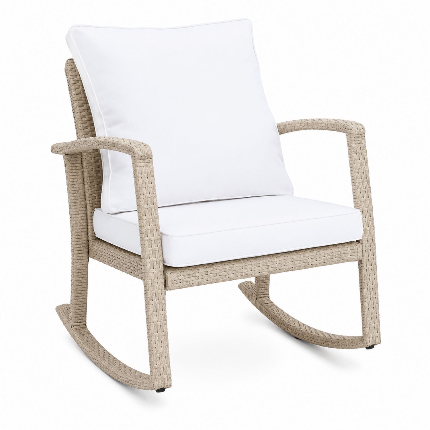 Chaise à bascule en résine tressée beige avec coussins blancs