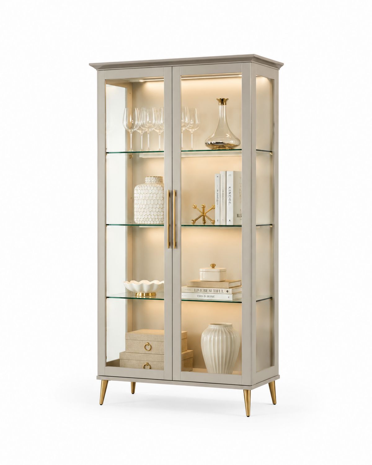 Vitrine en bois avec étagères en verre trempé, Beige