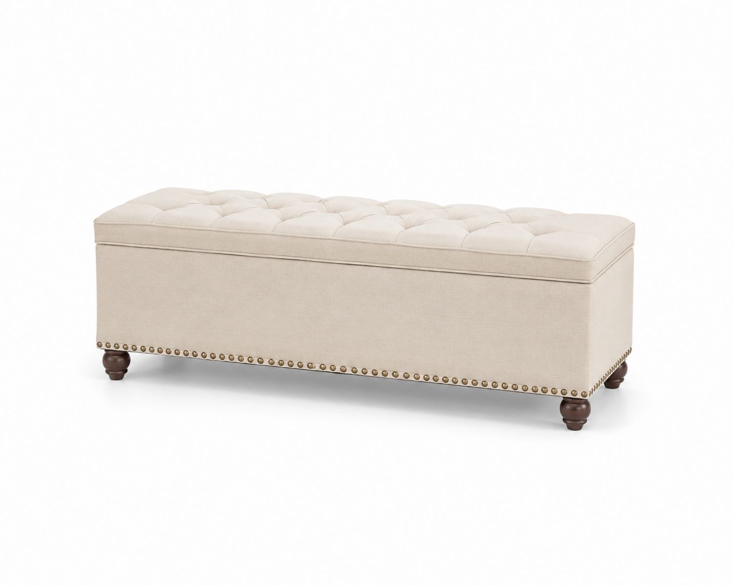 Coffre Pouf en Tissu Beige avec Pieds en Bois