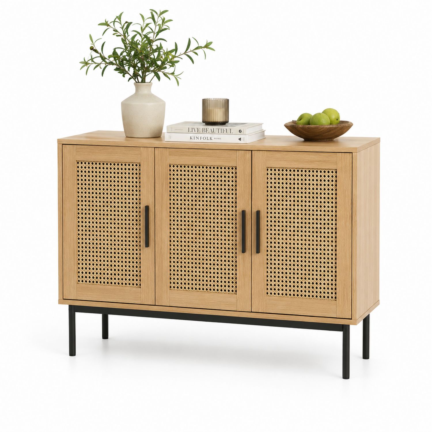 Buffet en bois avec façades en rotin et pieds en métal