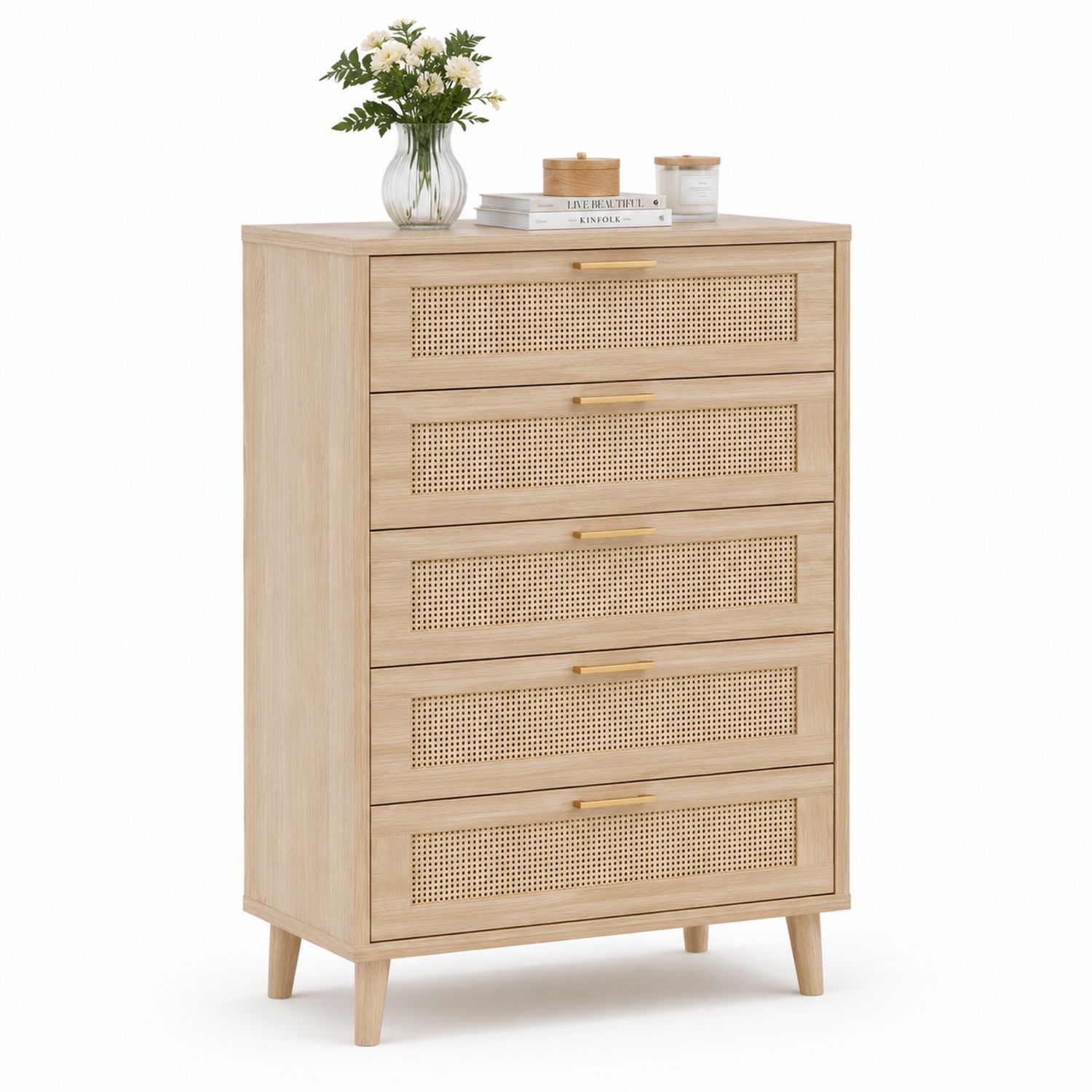 Commode en bois clair et rotin avec 5 tiroirs