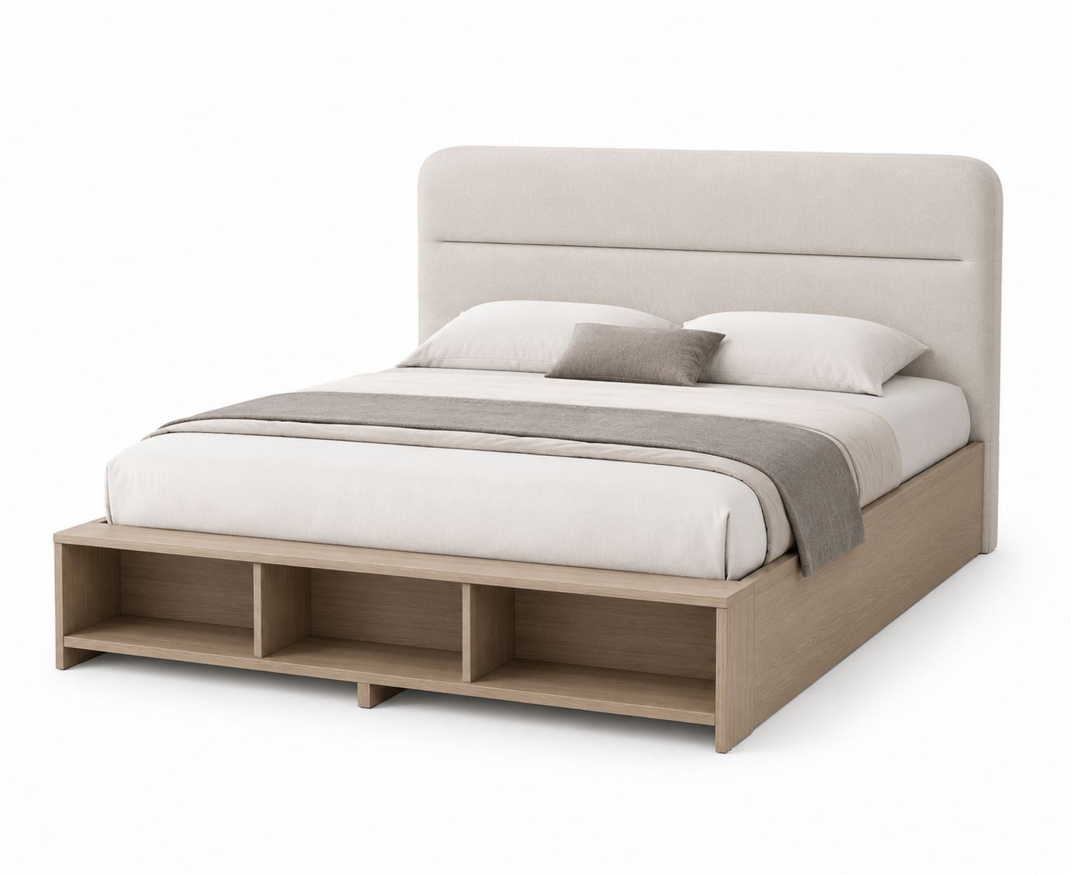 Lit double avec tête de lit en tissu et rangement en bois Beige