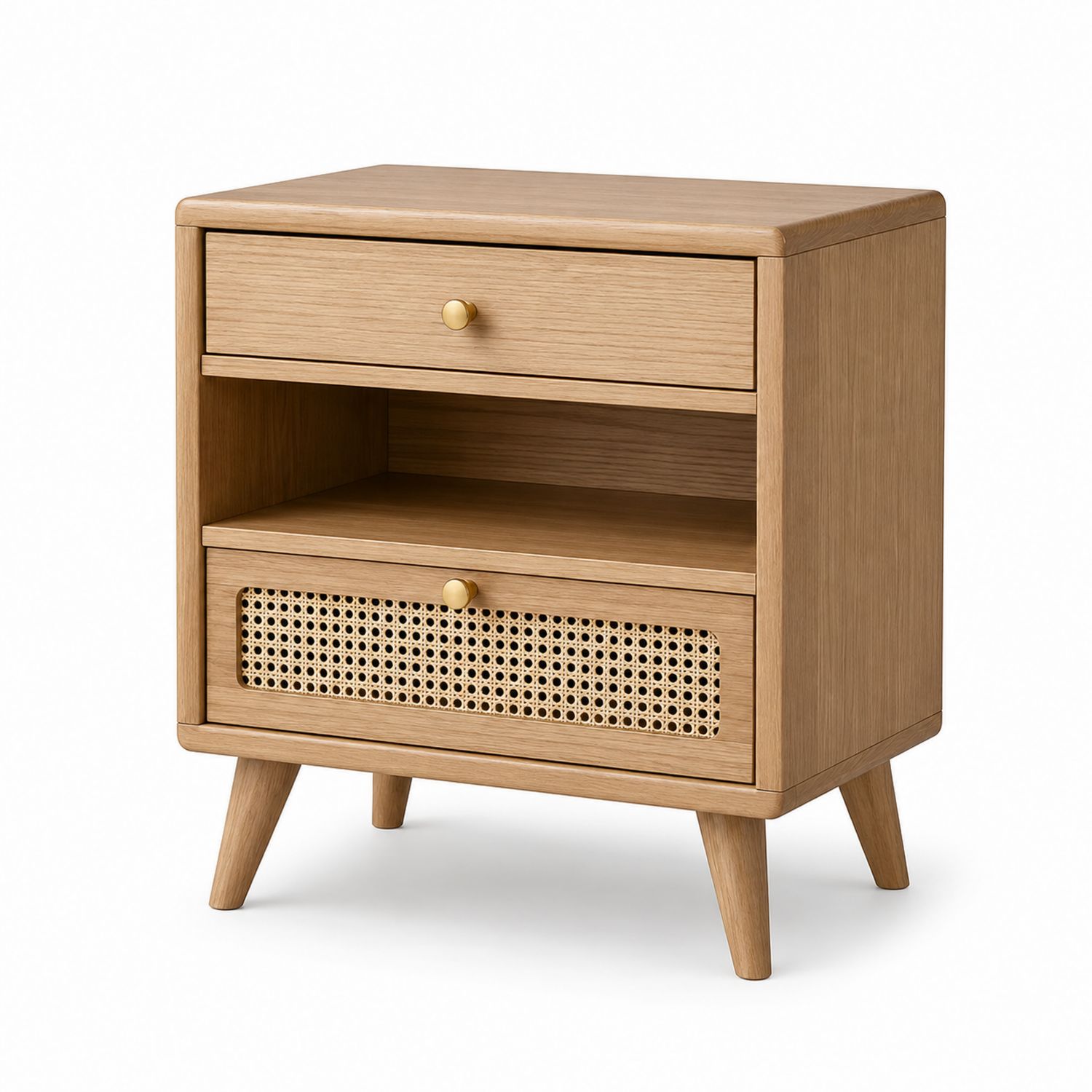 Table de chevet en bois avec tiroirs en rotin