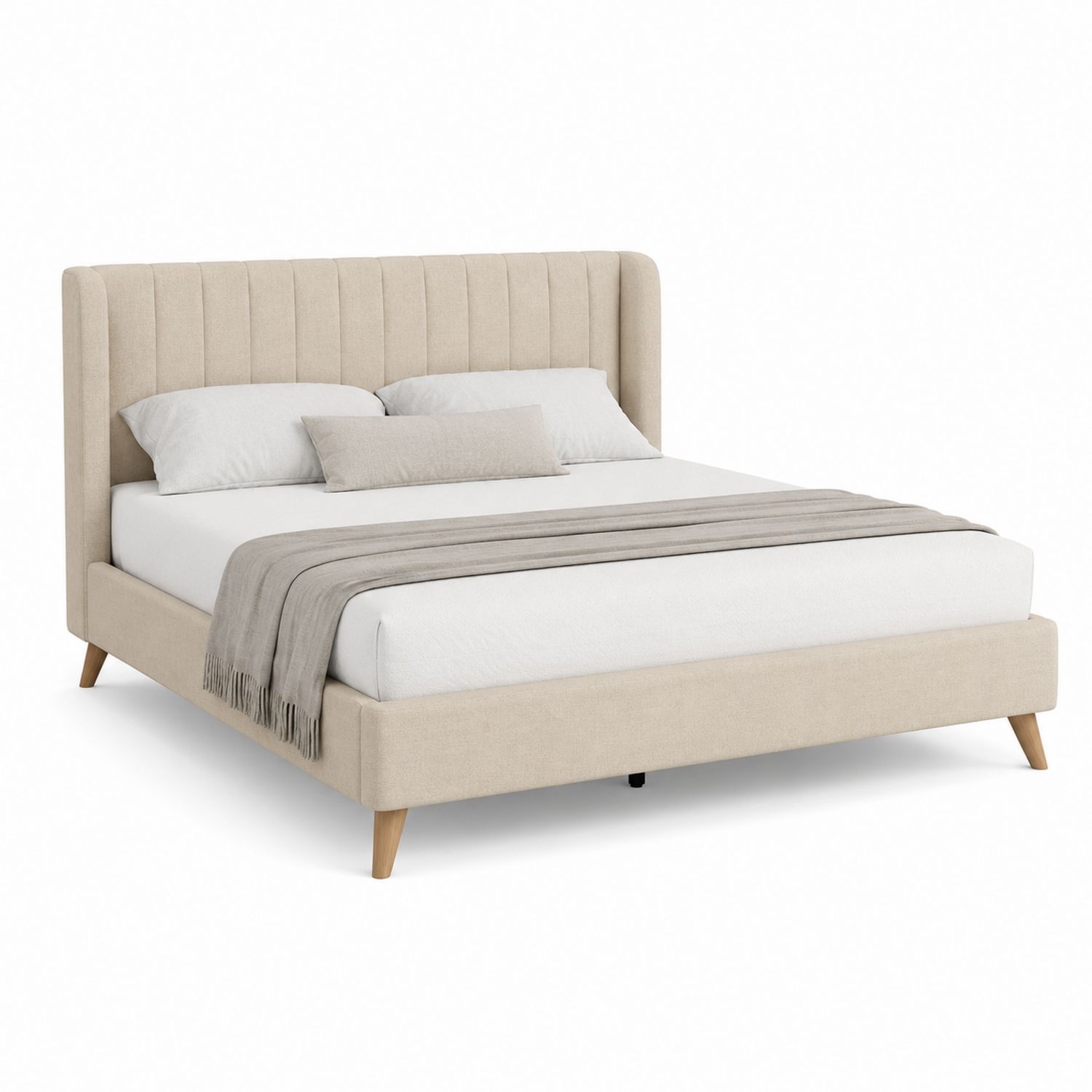 Lit double tissu beige avec tête de lit rembourrée 200 cm x 160 cm