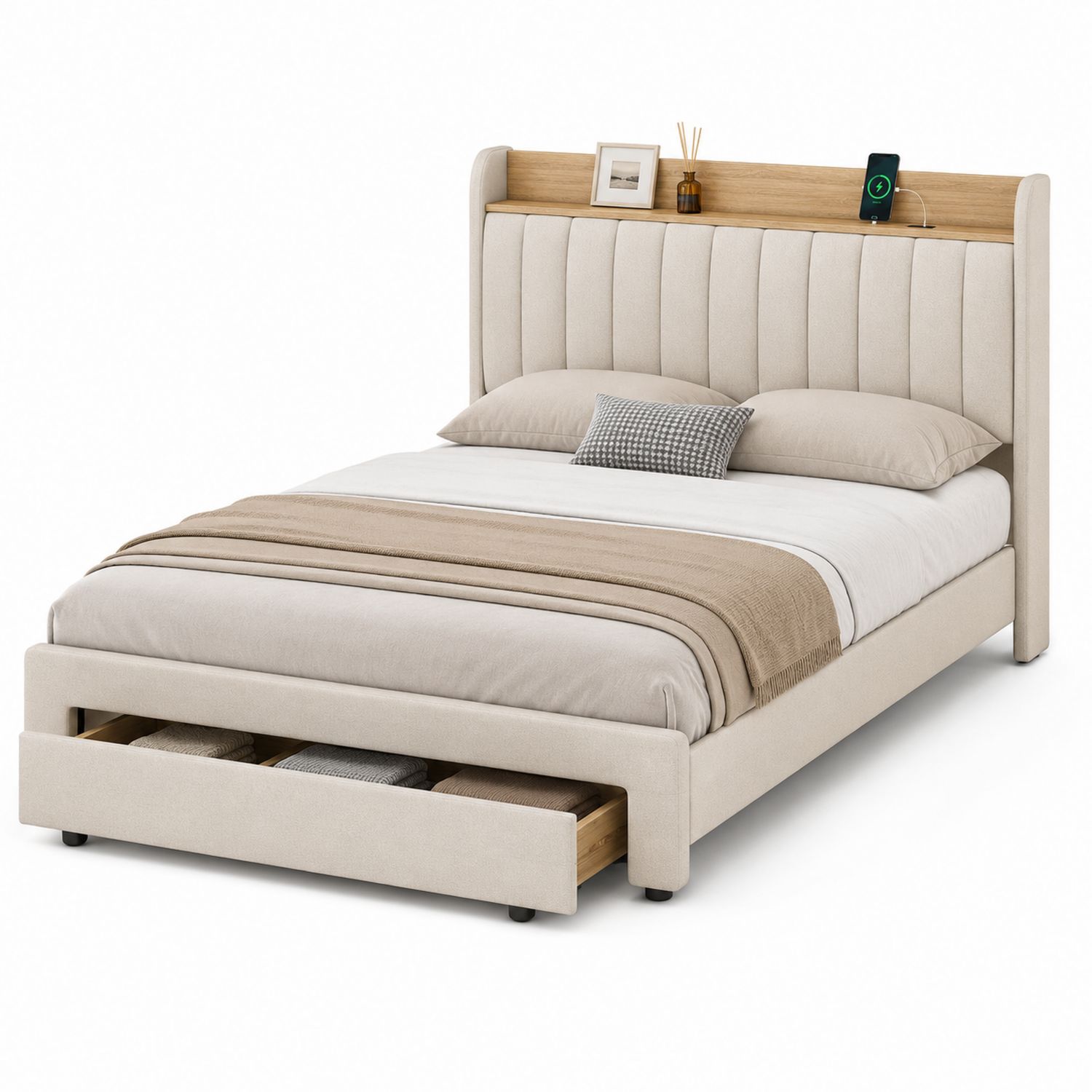 Lit Double avec Tête de Lit en Bois et Rangement Beige