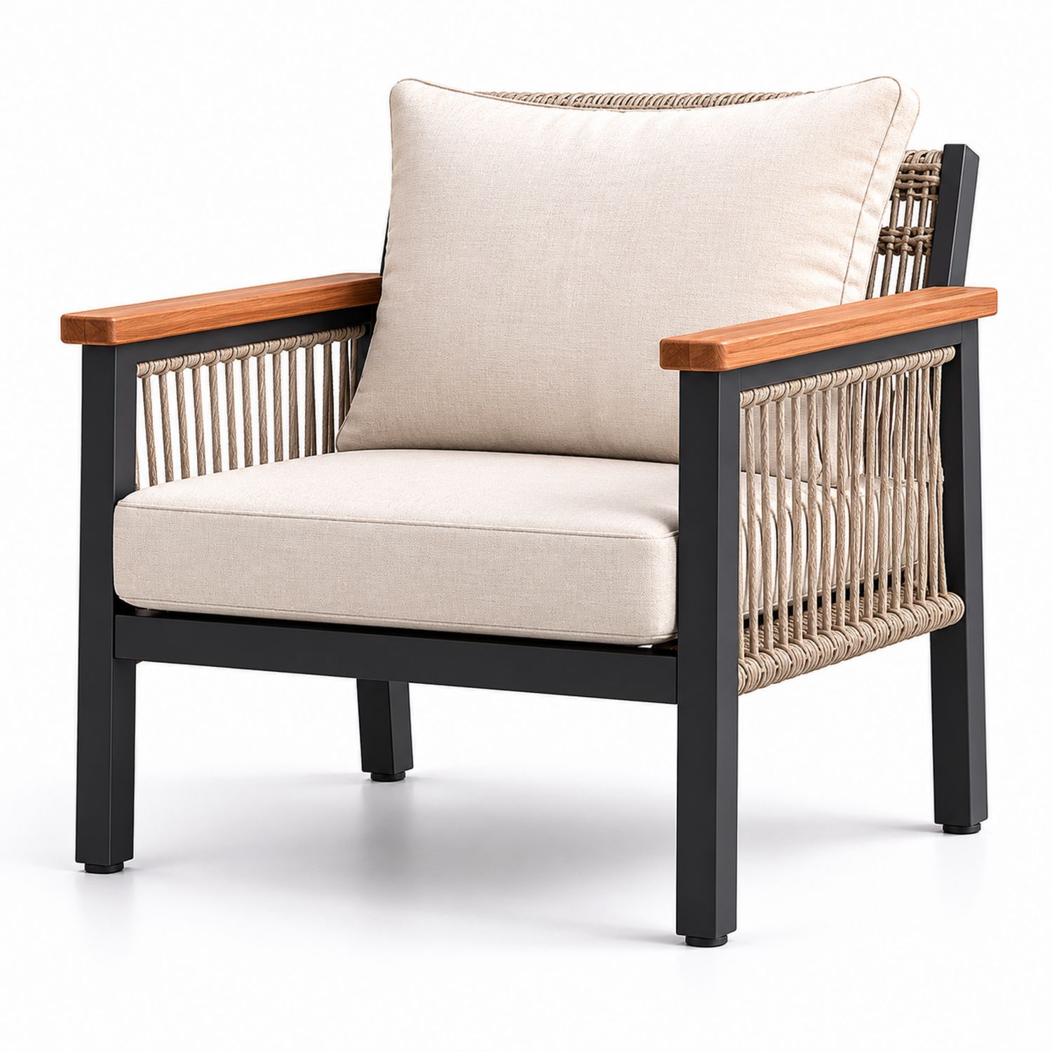 Fauteuil extérieur en aluminium et bois avec coussins