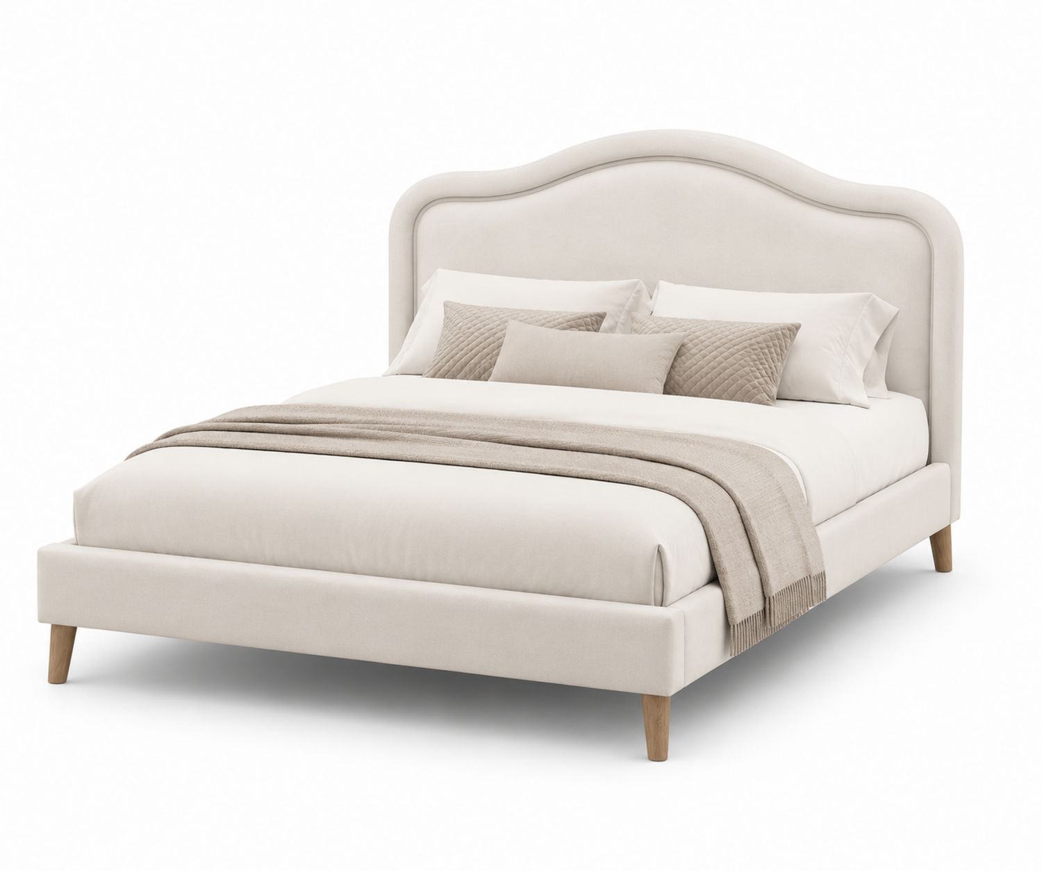 Lit double en bois et tissu velours beige 200x160 cm