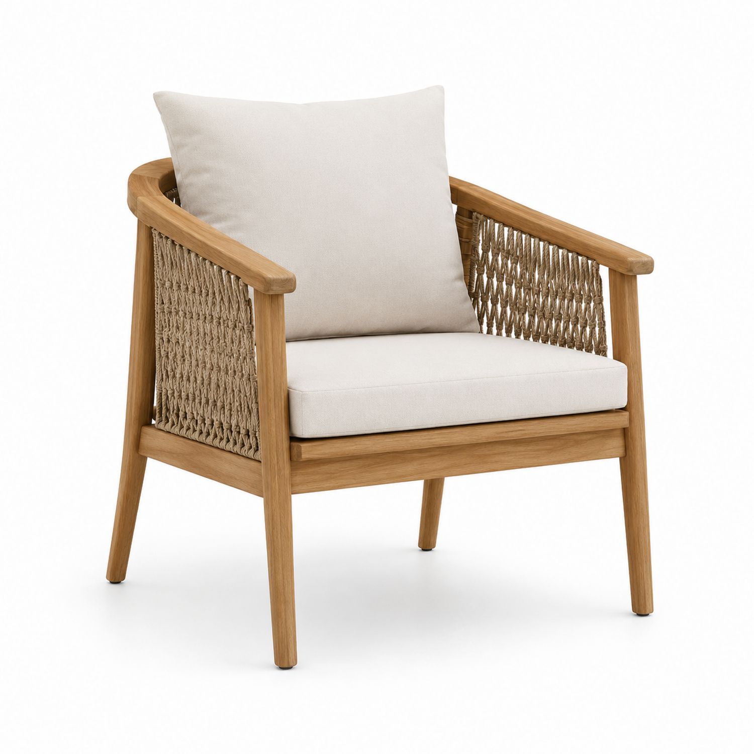 Fauteuil d'extérieur en bois et corde avec coussins en polyester beige
