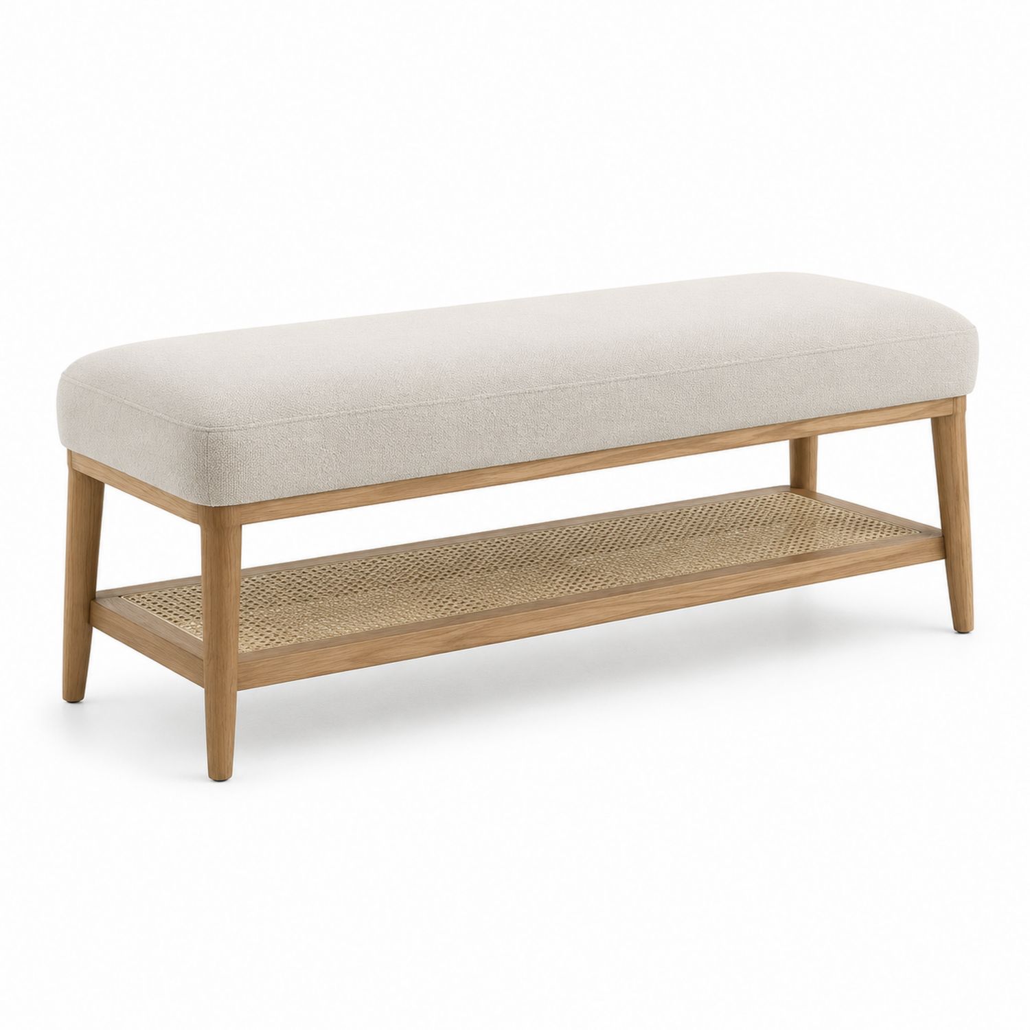 Banc en Bois et Rotin avec Siège en Tissu Beige 120 cm
