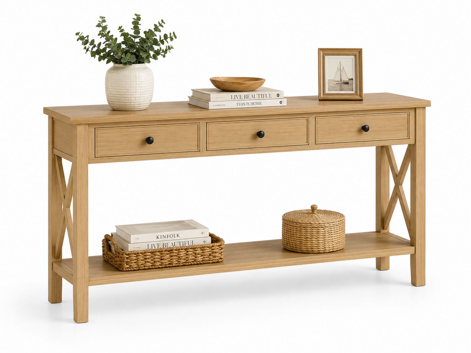Console en bois avec tiroirs et étagère