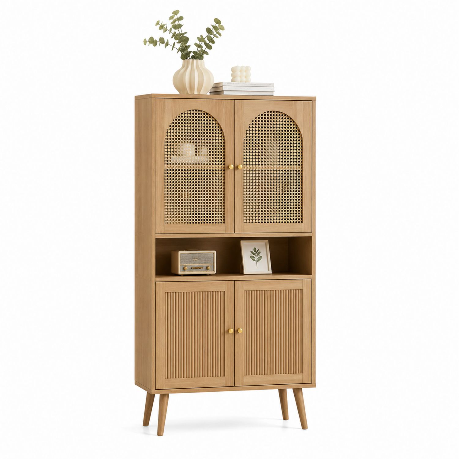 Armoire de rangement en bois avec portes en rotin