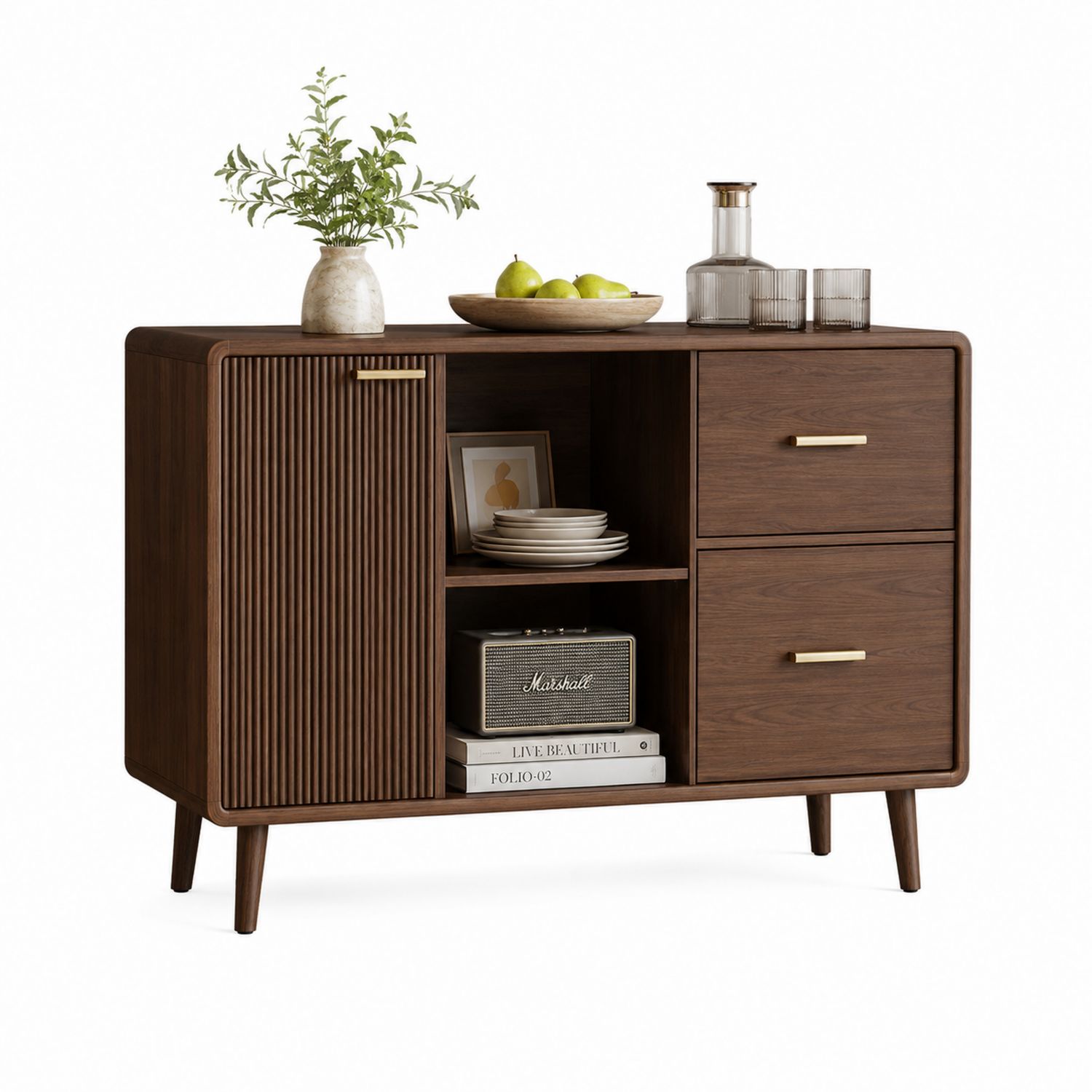 Buffet en bois avec porte rainurée et tiroirs 120x40x80 cm Marron