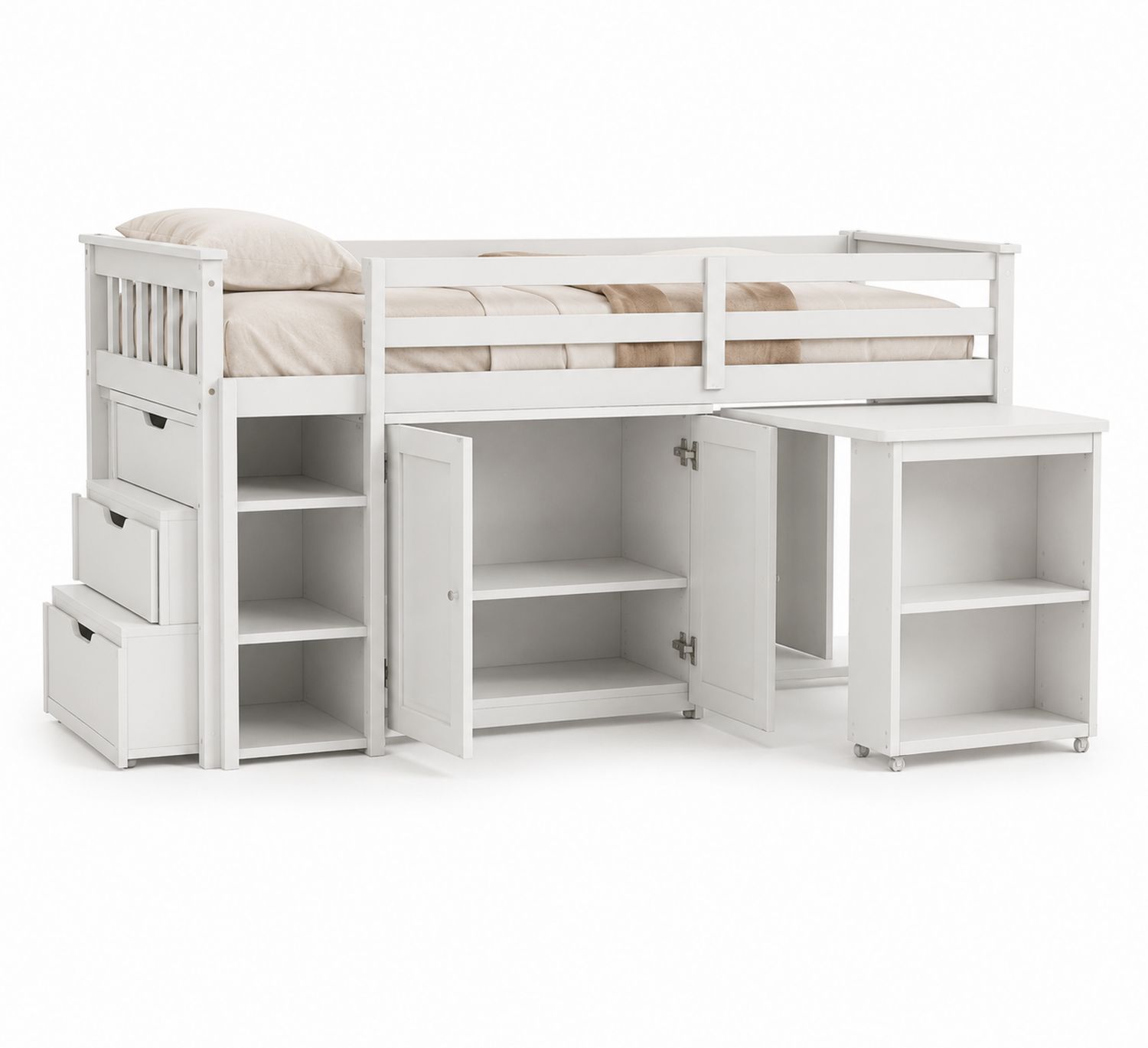 Lit mezzanine en bois blanc avec unités de rangement
