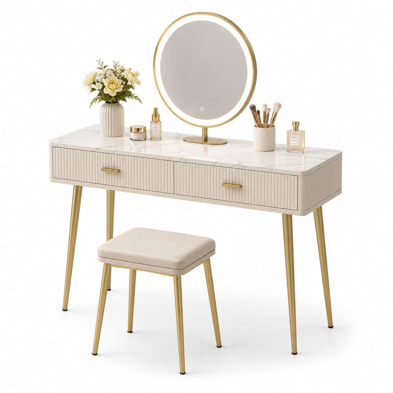 Coiffeuse en marbre synthétique avec miroir rond éclairé et métal doré, tabouret inclus