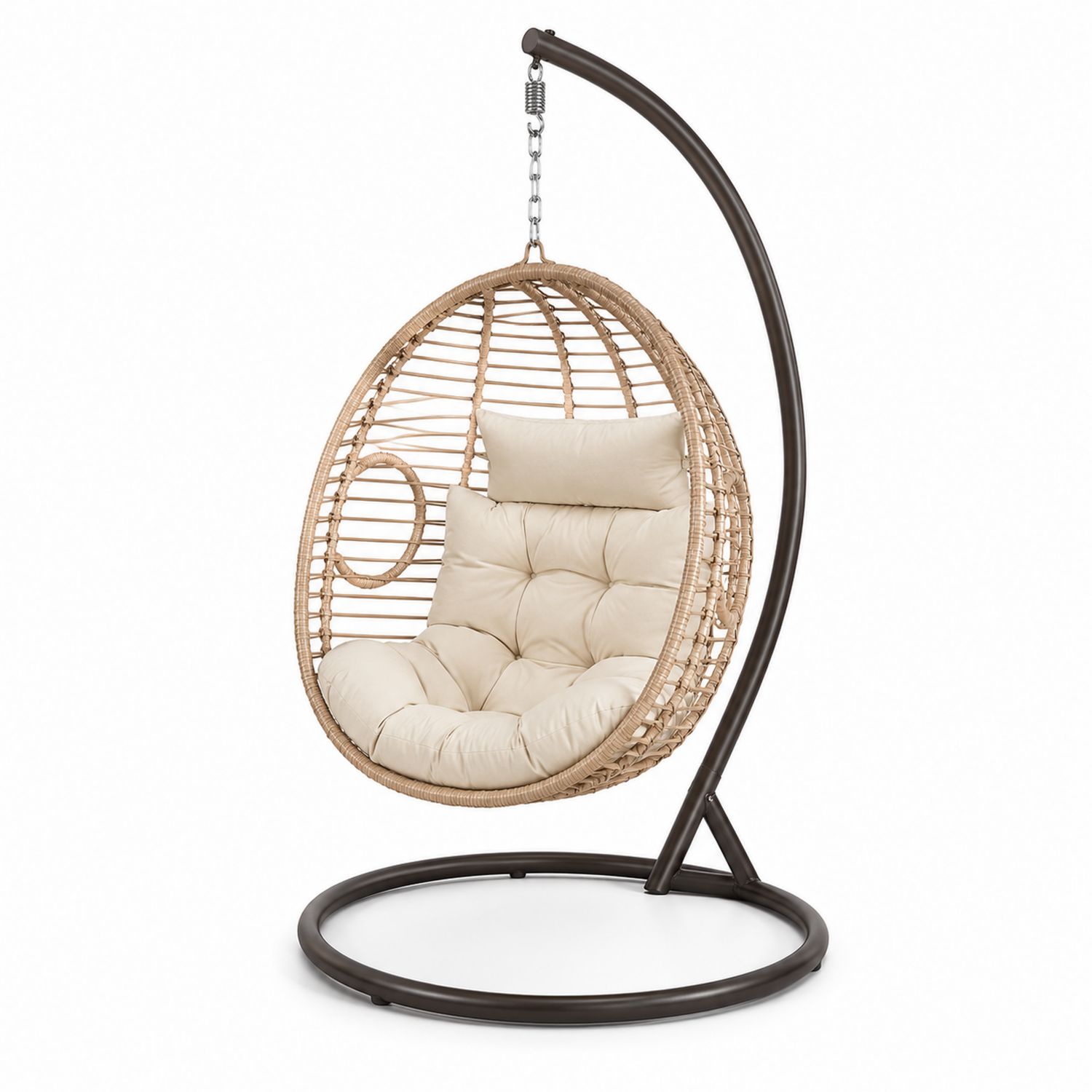Chaise suspendue en rotin synthétique avec support en acier et coussins