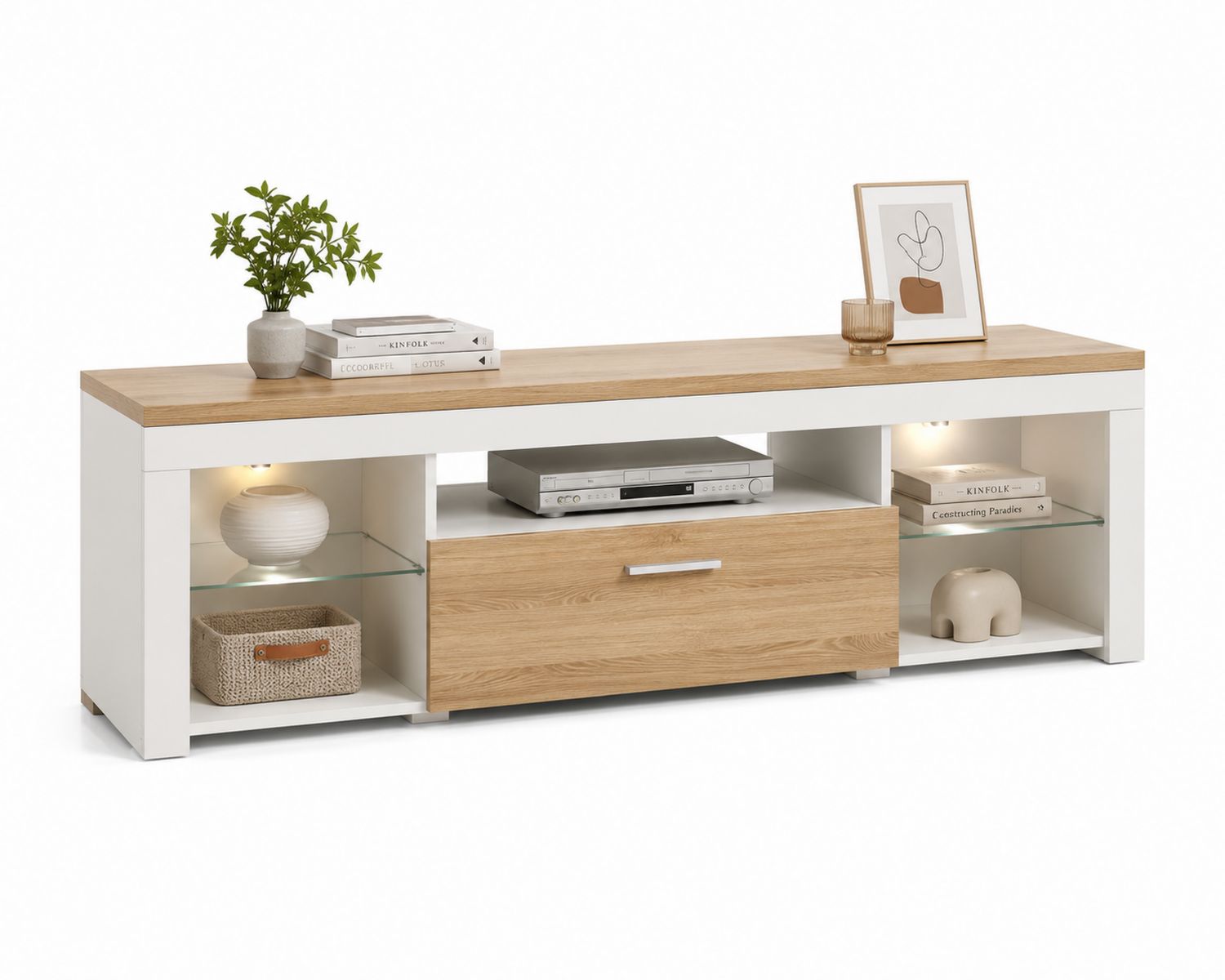 Meuble TV en Chêne et Blanc avec Étagères en Verre