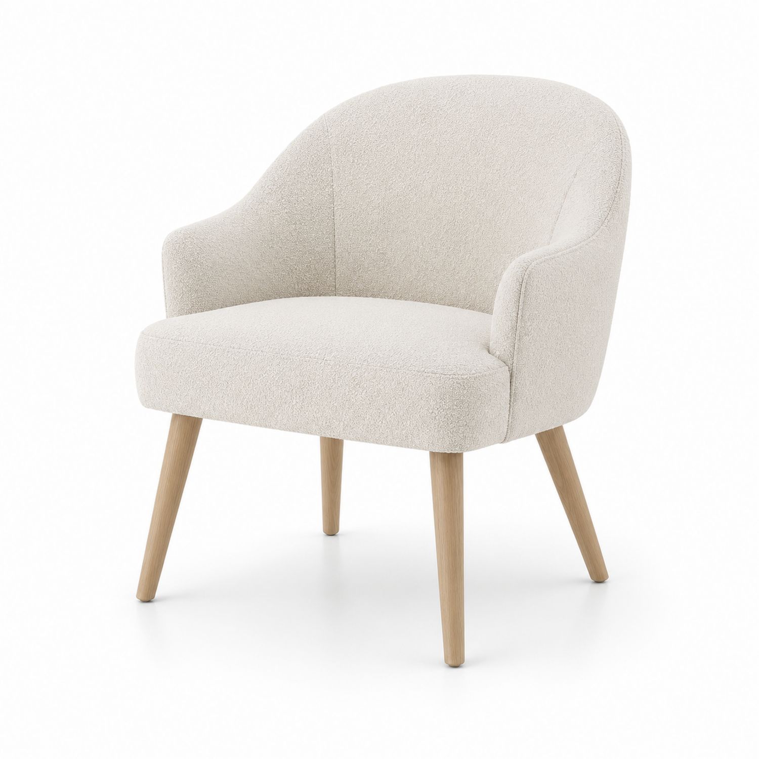 Fauteuil en tissu bouclé avec pieds en chêne, Crème