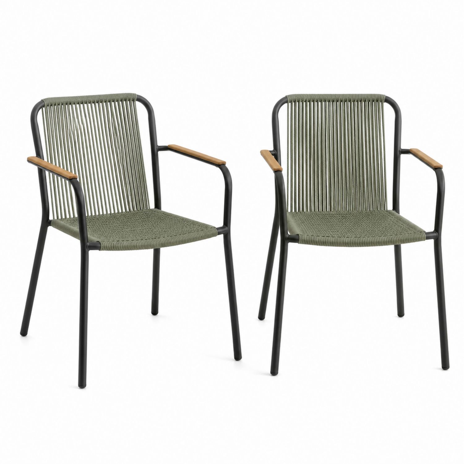 Lot de 2 chaises en corde PVC et acier avec accoudoirs en bois, Vert