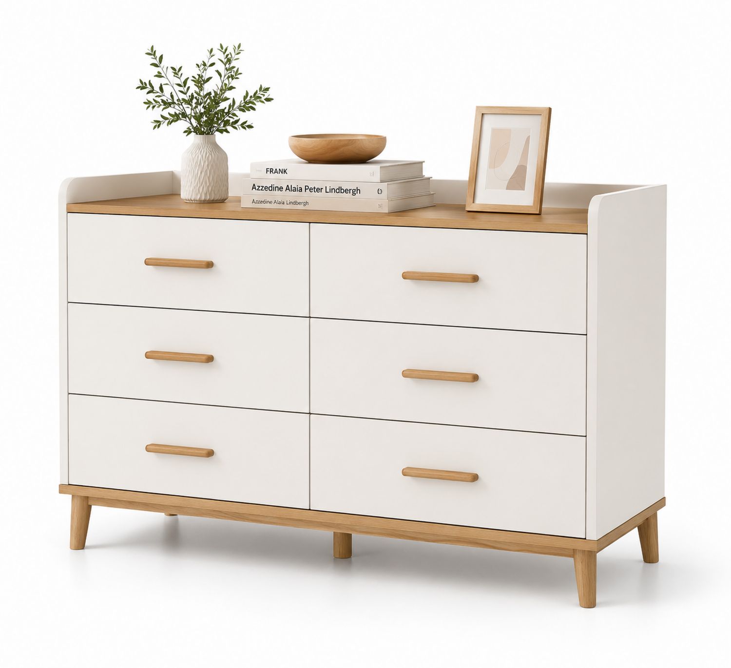 Commode en Bois Blanc et Chêne avec 6 Tiroirs