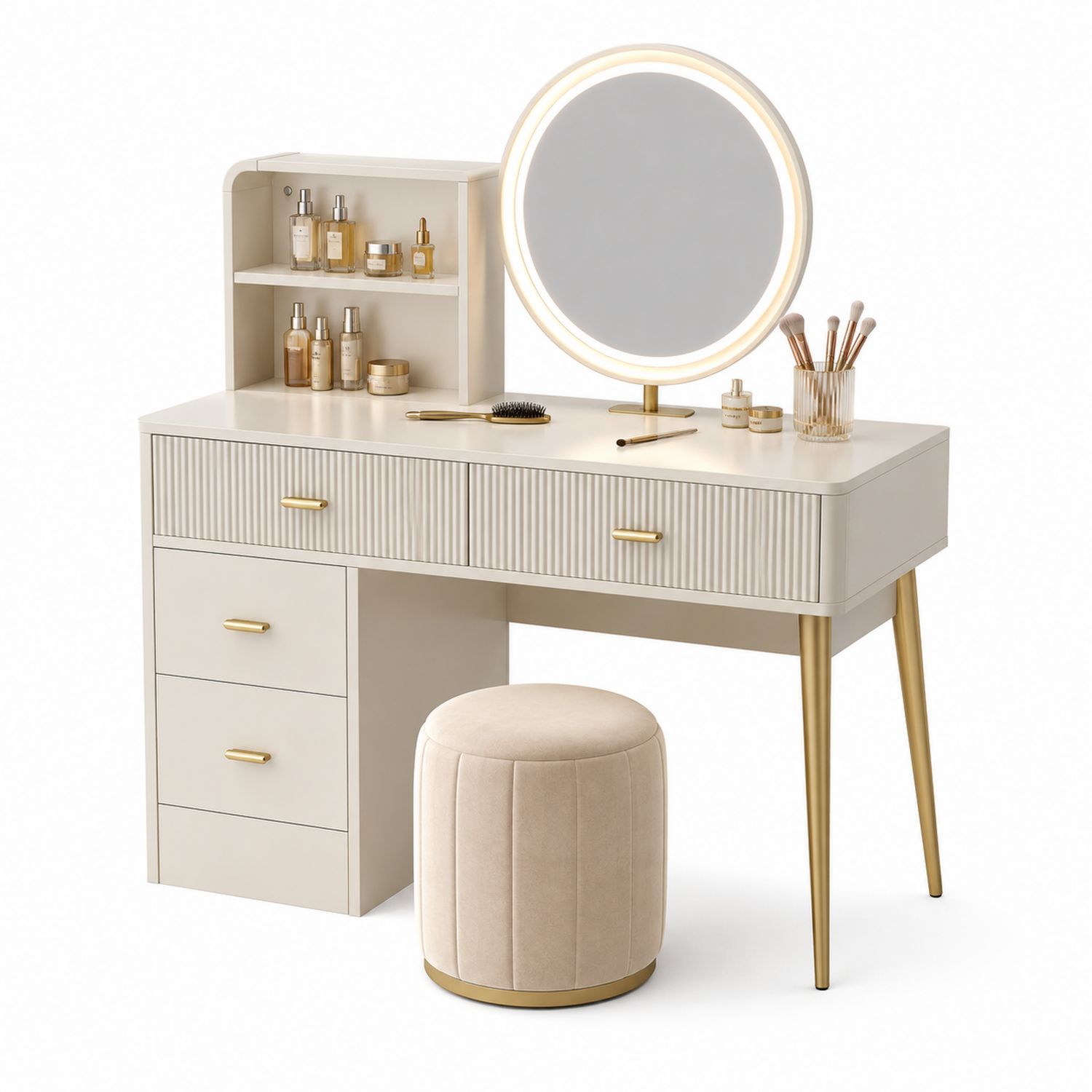 Coiffeuse en MDF et métal avec miroir LED et tabouret en velours