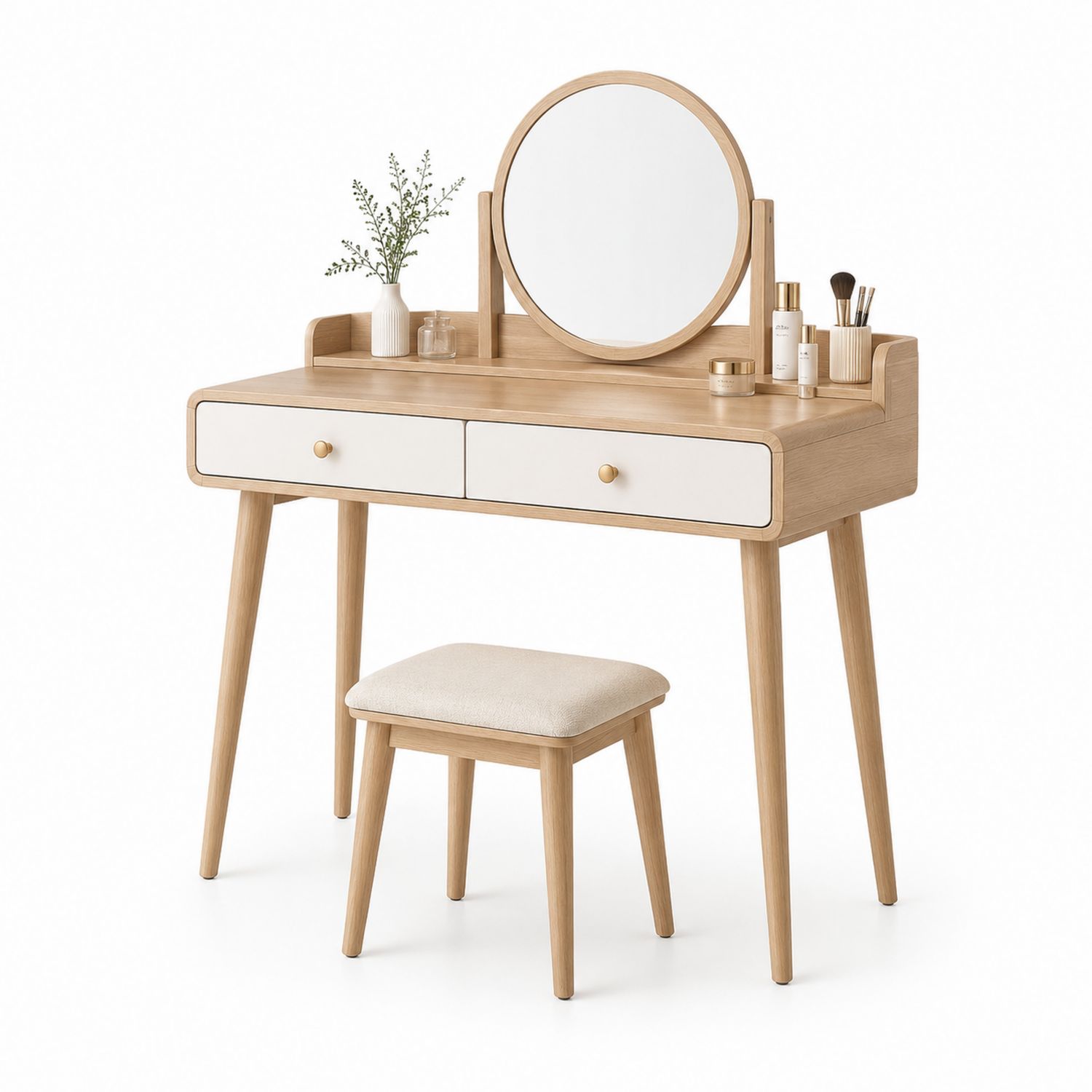 Coiffeuse en Bois avec Miroir Rond et Tabouret