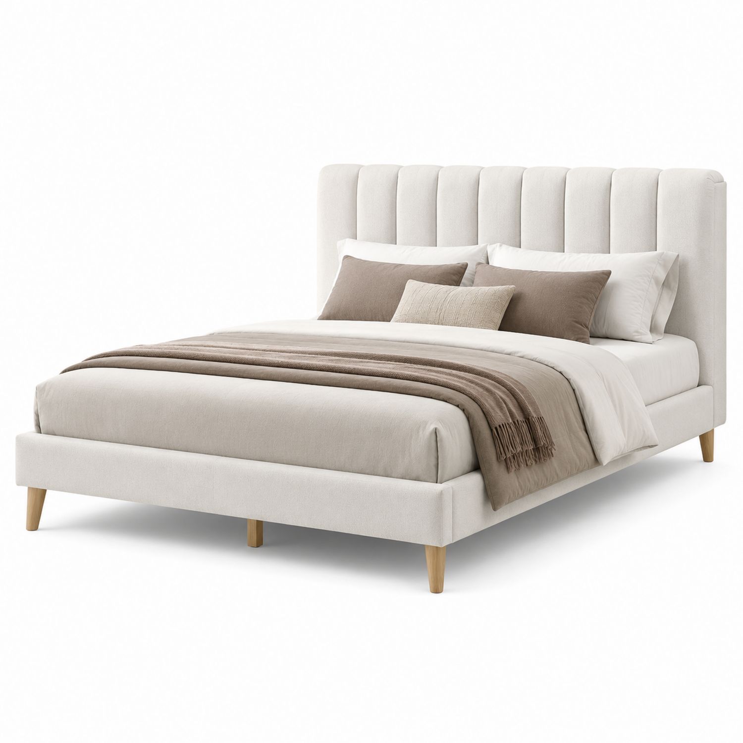 Lit double en bois et tissu polyester Ivoire 200x160 cm