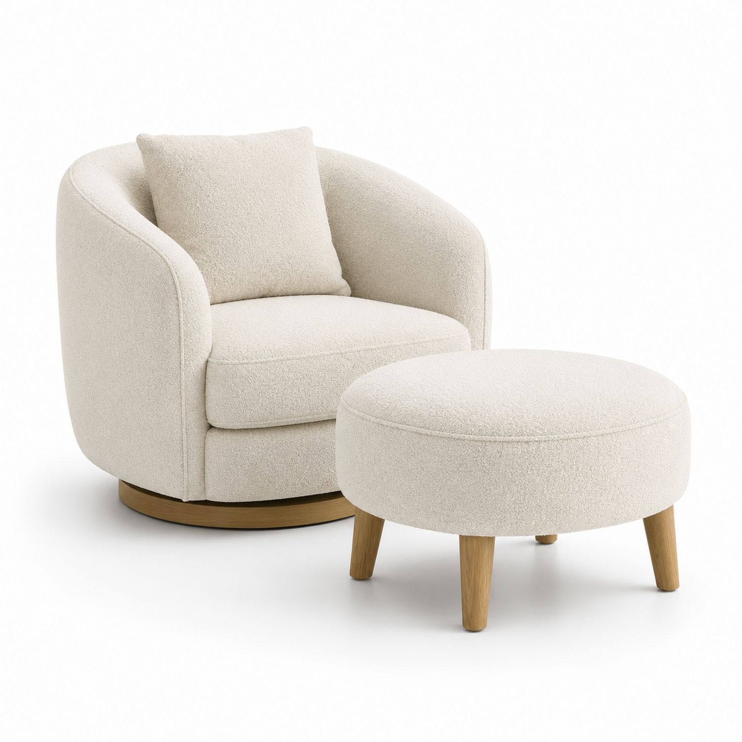 Fauteuil pivotant et repose-pieds en chêne et tissu bouclé crème