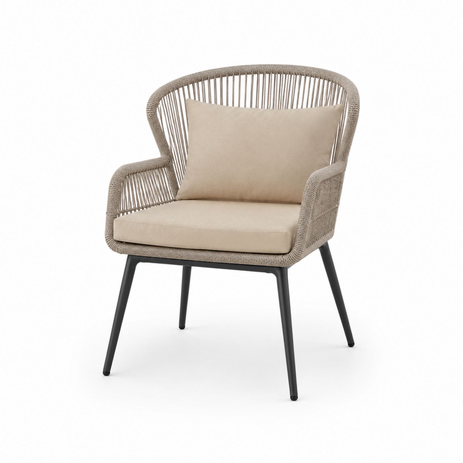 Chaise d'extérieur avec structure en métal et corde Gris foncé et coussins Beige