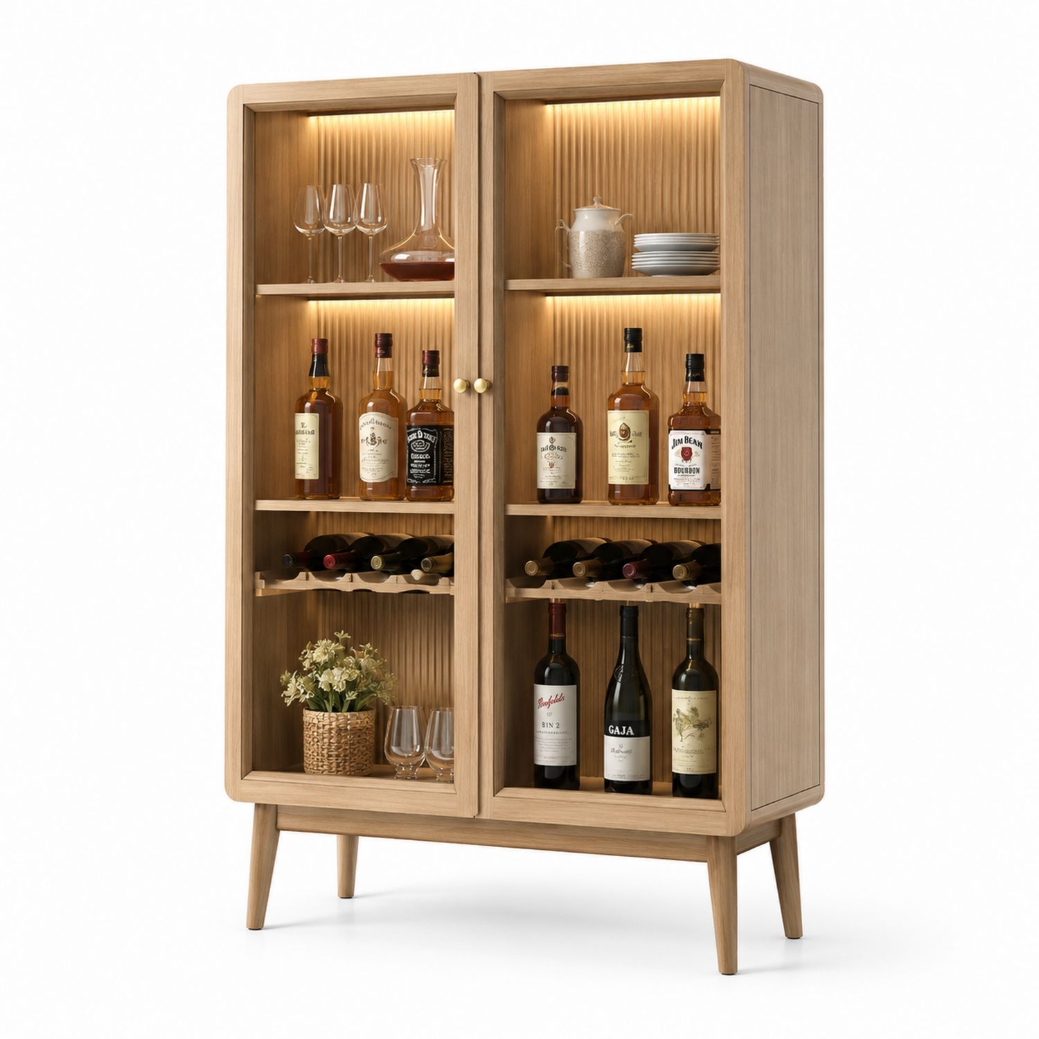 Armoire en chêne avec éclairage LED et portes vitrées