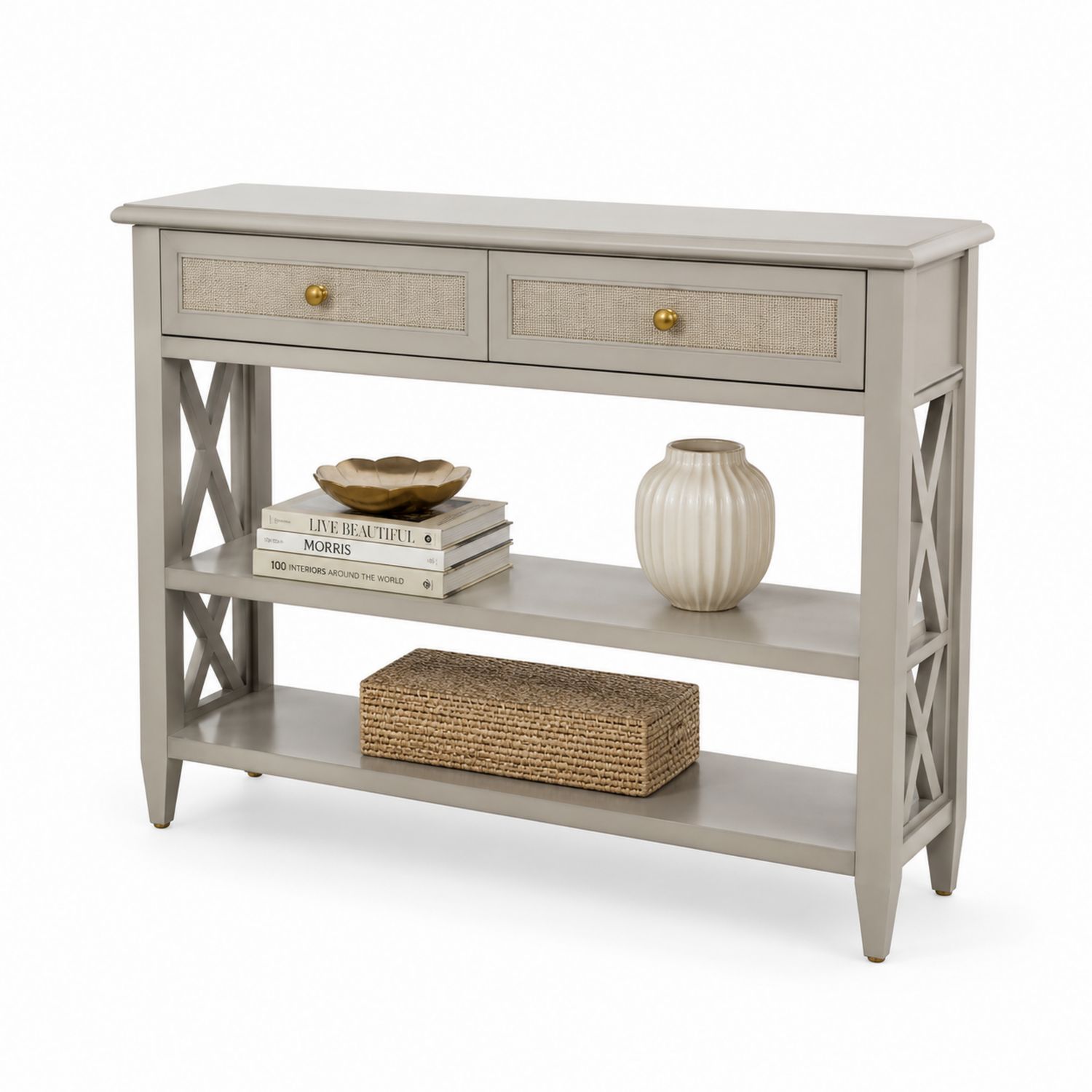 Console avec tiroirs en bois et étagères Gris