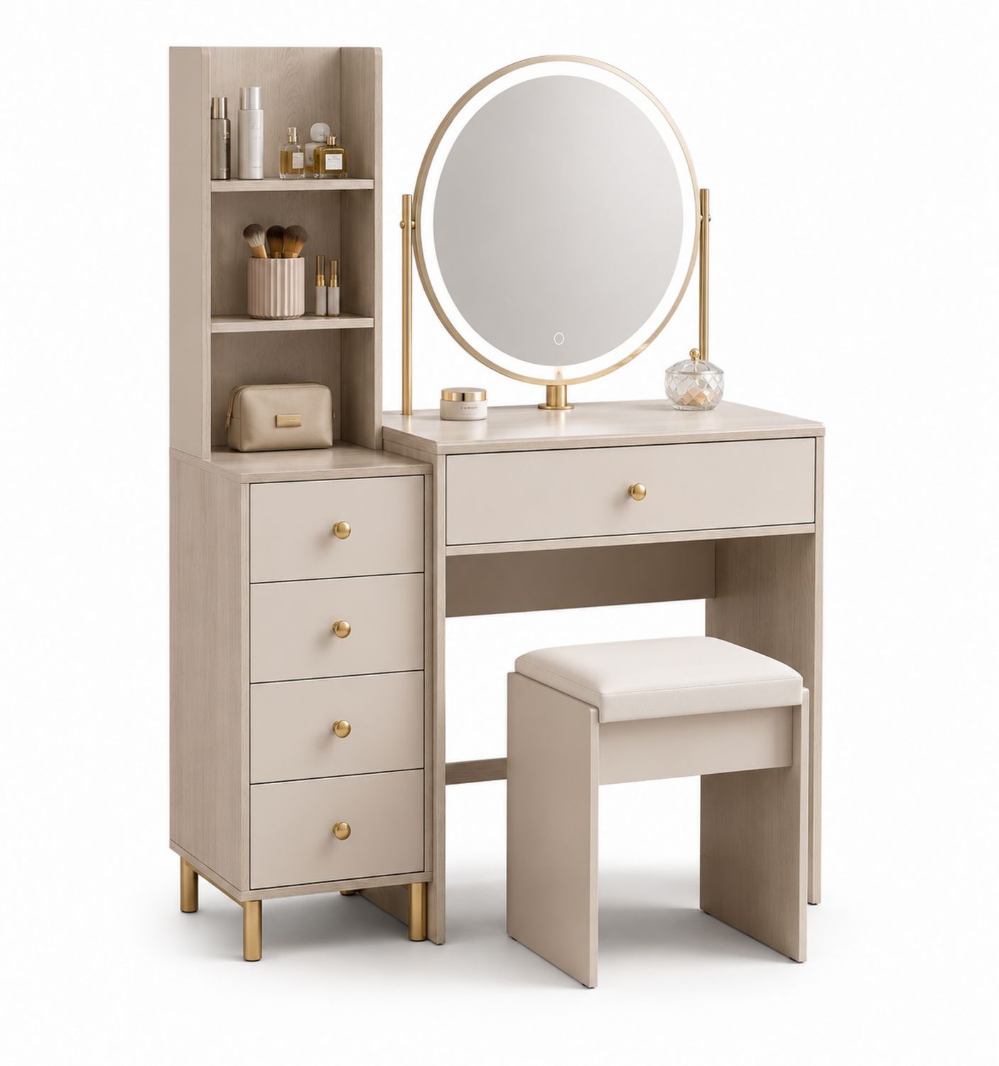 Coiffeuse en Bois MDF avec Miroir Rond à LED et Tabouret - Beige