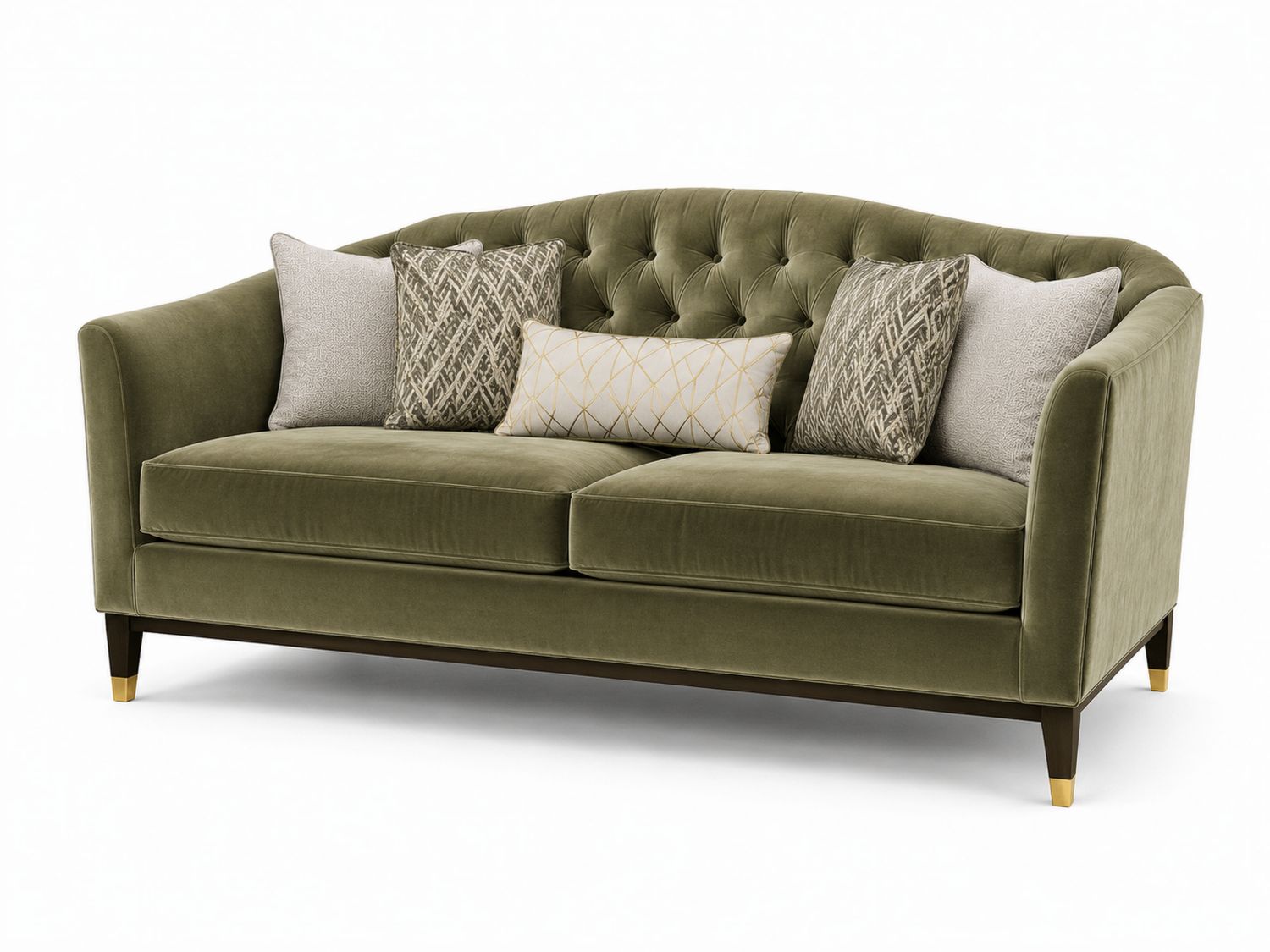 Canapé en velours vert avec coussins inclus