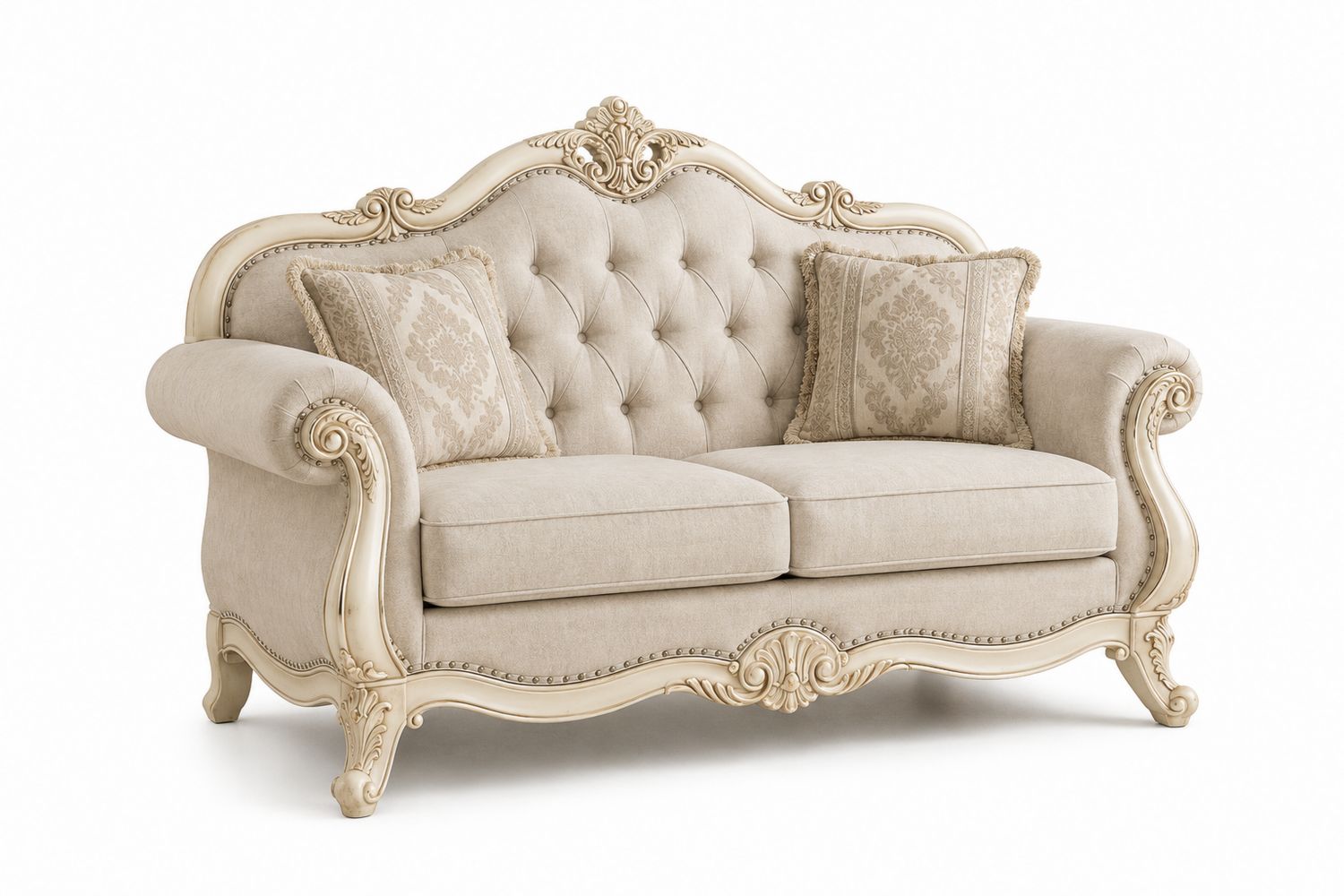 Canapé 2 places en bois et tissu beige
