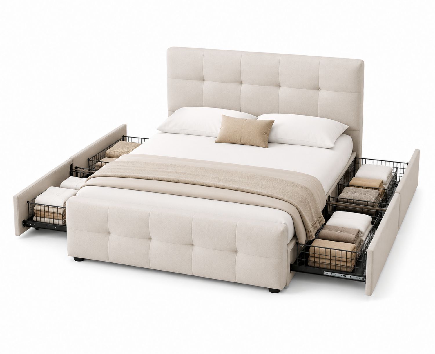 Lit double avec rangement en tissu beige