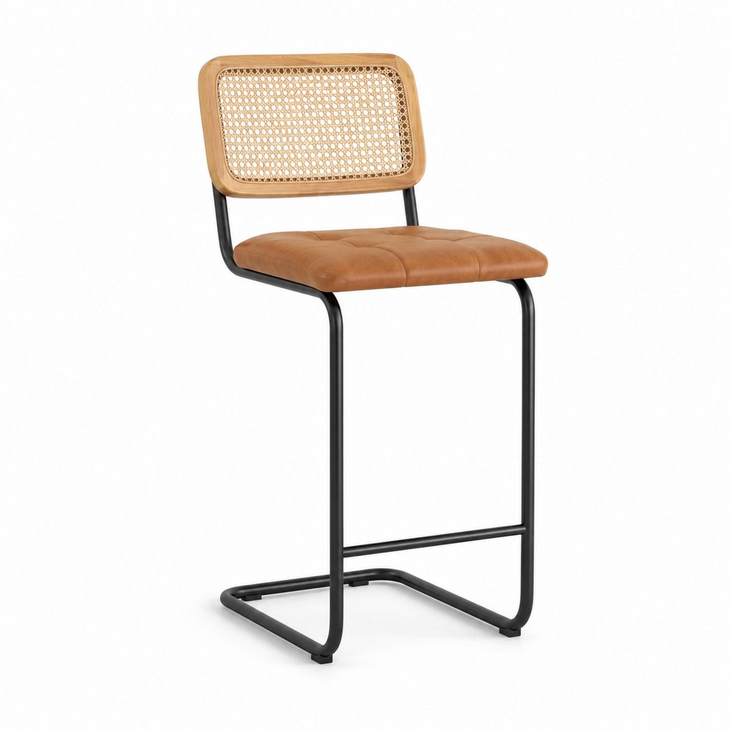 Tabouret de bar en bois, rotin et métal noir