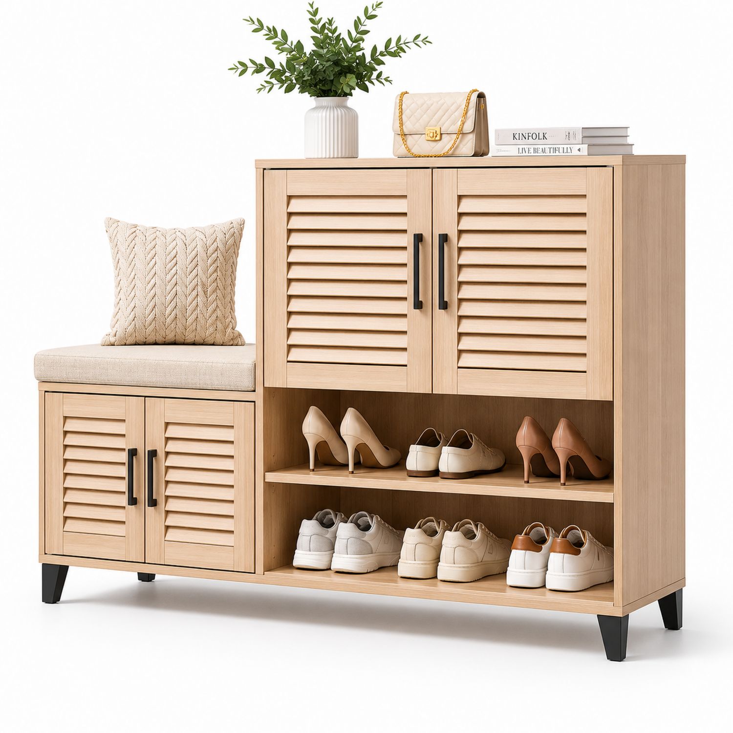 Meuble à chaussures en chêne avec coussin beige