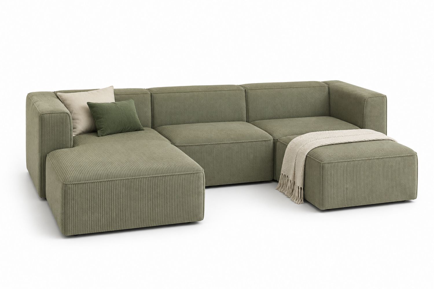 Canapé d'angle modulable en velours côtelé vert avec pouf