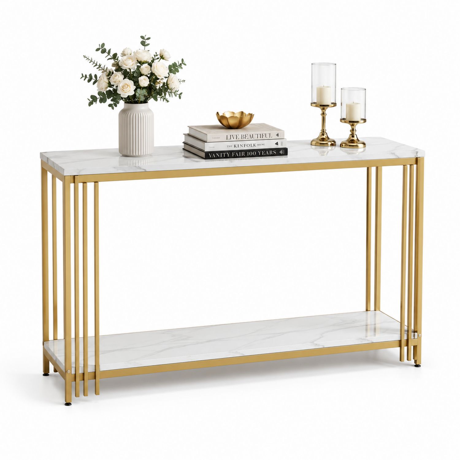 Table console en marbre synthétique et métal doré 120x30x80 cm
