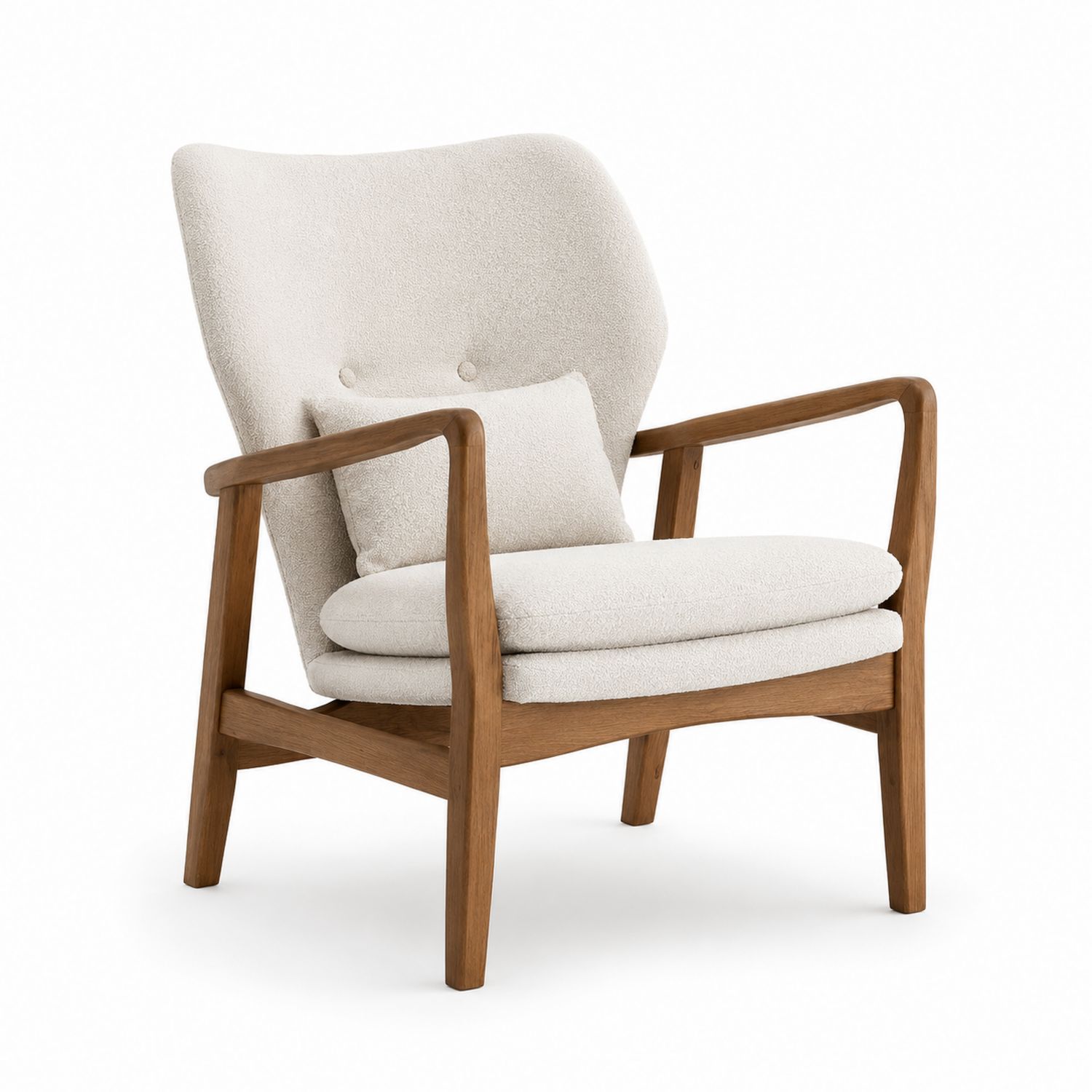 Fauteuil en Bois et Tissu Bouclé Crème avec Coussin