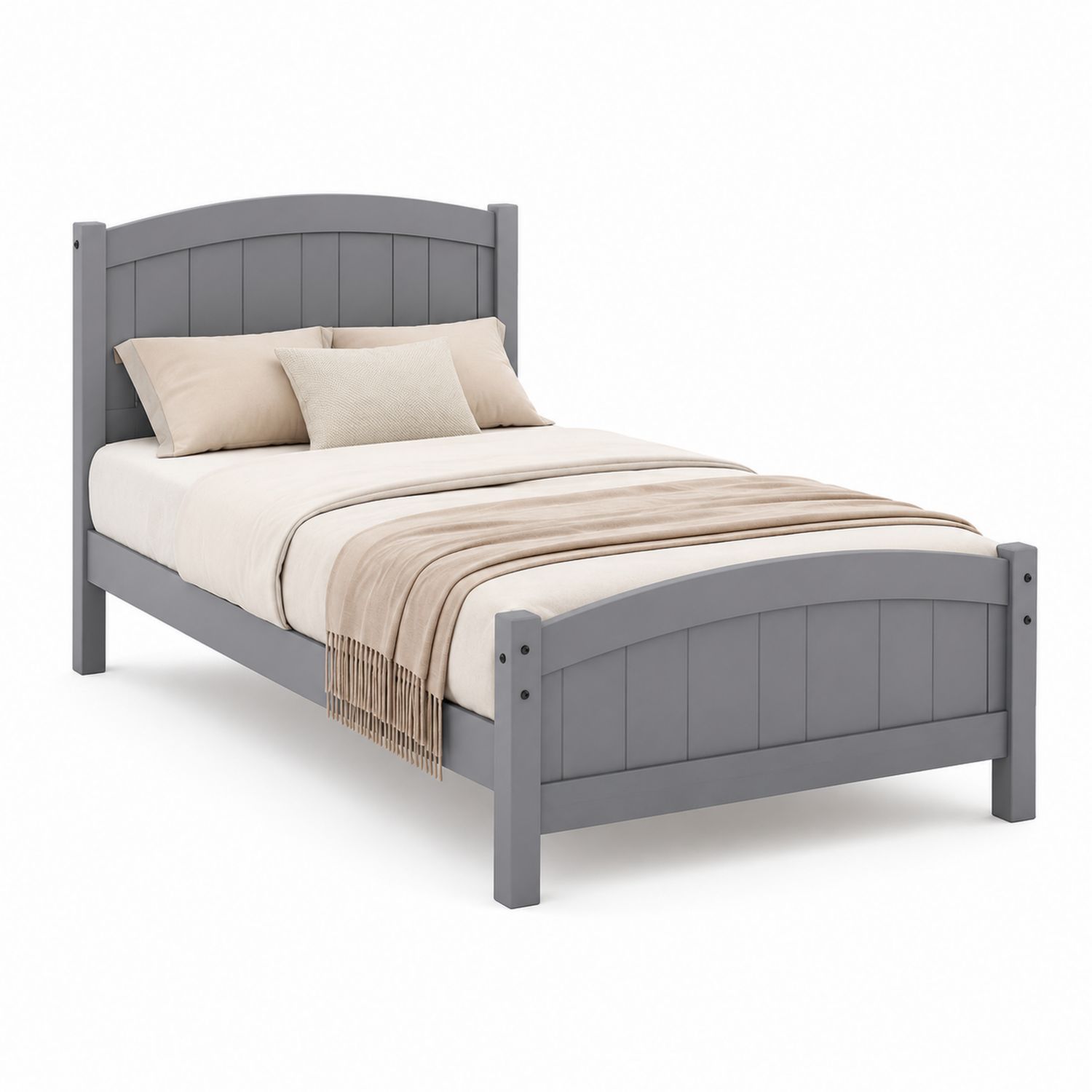 Lit simple en bois Gris avec matelas et oreillers