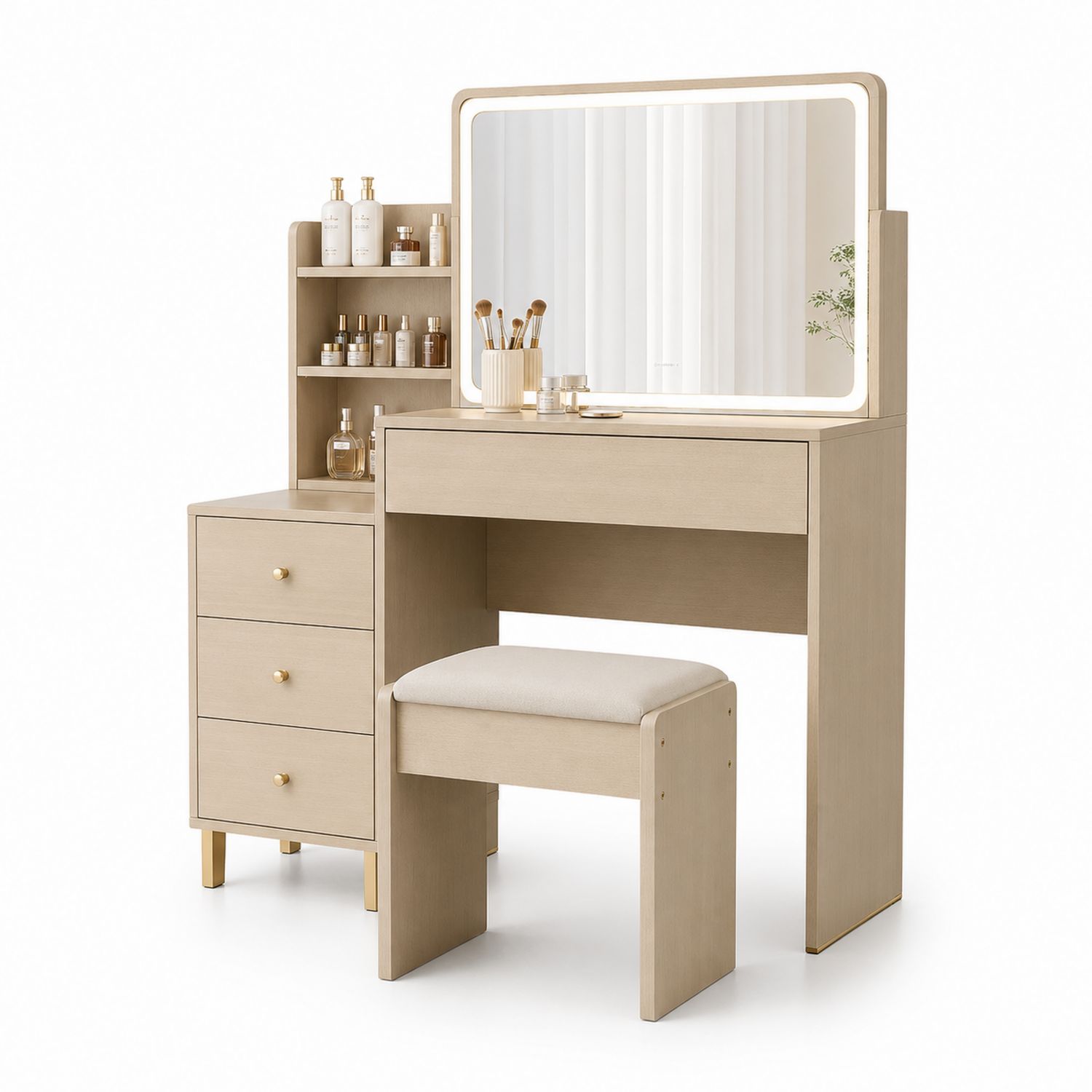 Coiffeuse en Bois avec Miroir LED et Tabouret