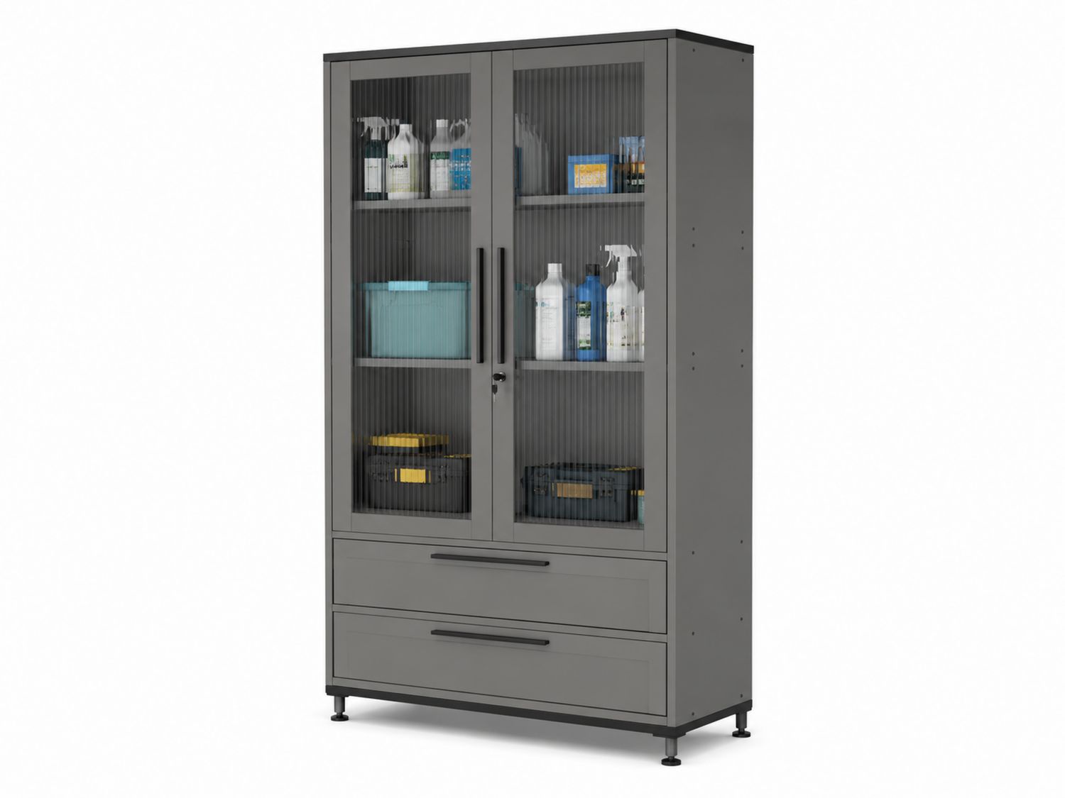Armoire de rangement en acier gris avec portes en verre strié et 2 tiroirs 180x90x45 cm