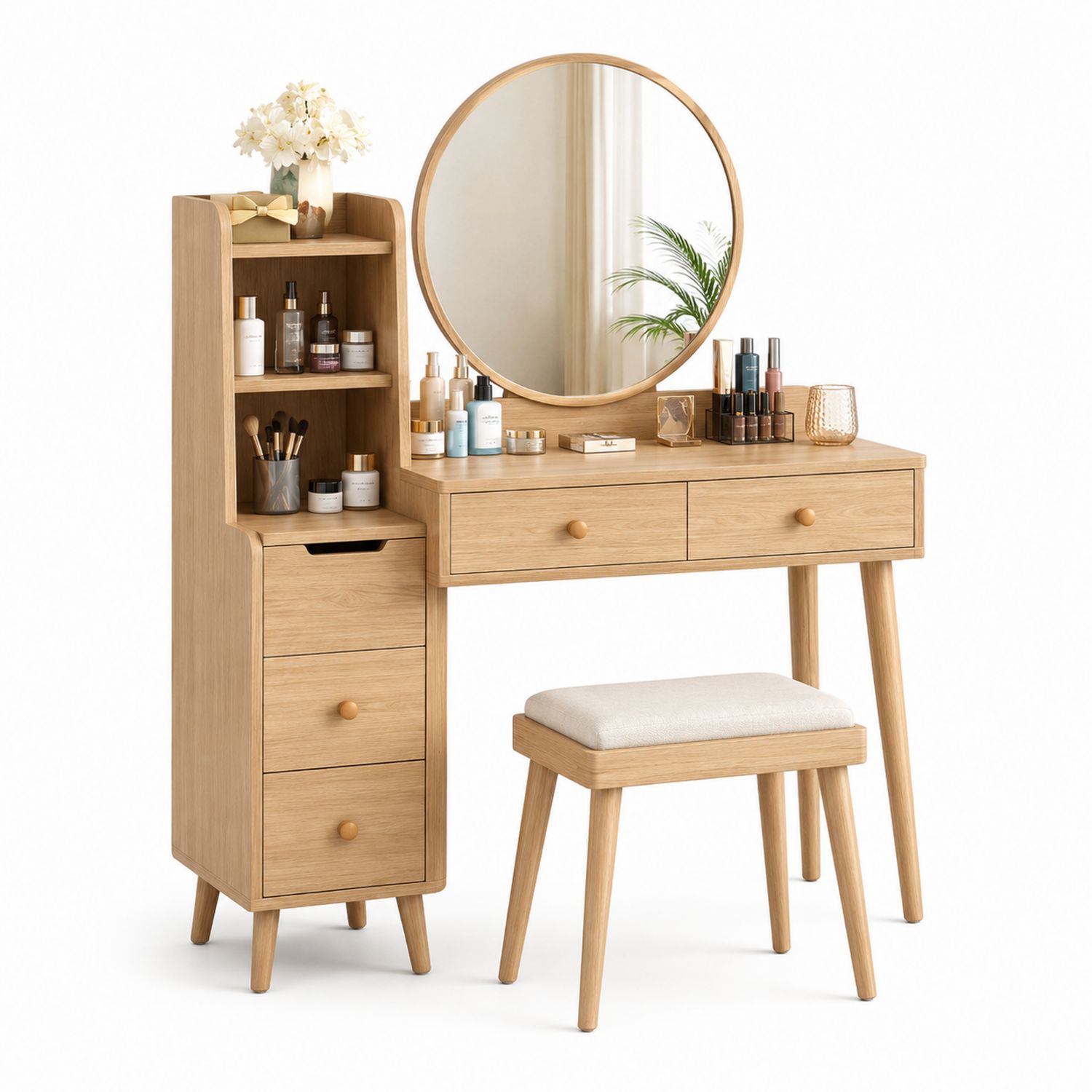 Coiffeuse en bois de chêne avec tabouret et miroir rond