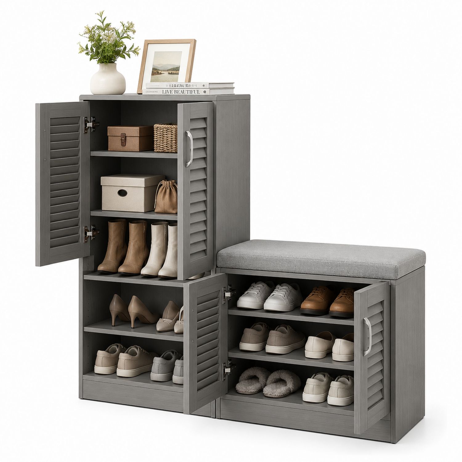 Meuble à chaussures en bois avec banc et coussin Gris