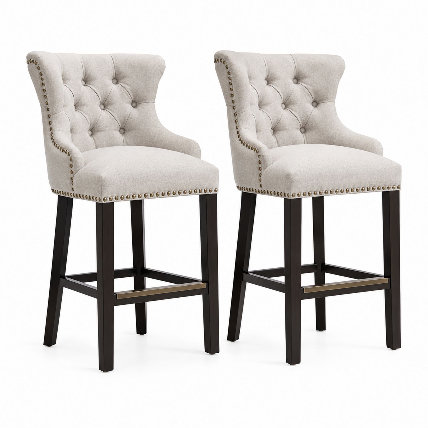Tabourets de Bar en Tissu Beige avec Pieds en Bois, Lot de 2
