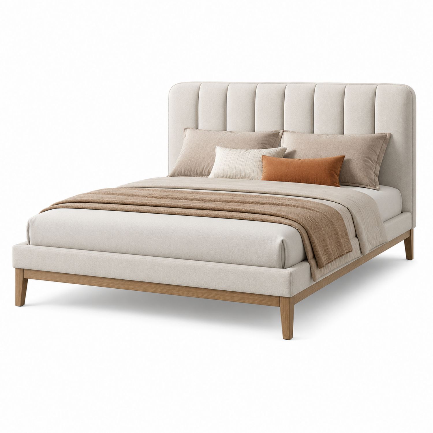 Lit double en tissu et chêne clair avec coussins