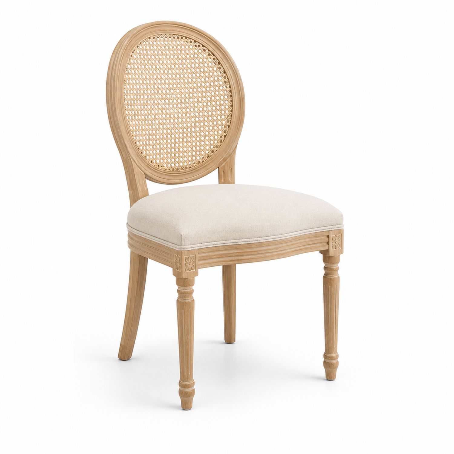 Chaise de salle à manger en bois avec dossier en rotin et assise en lin beige