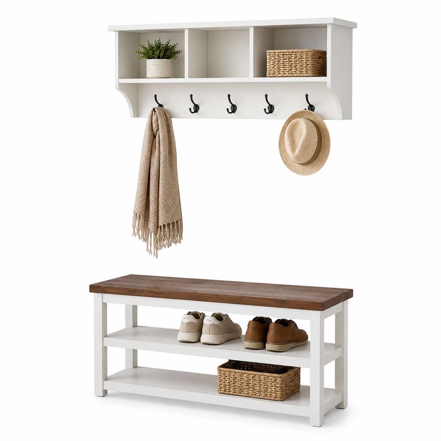 Ensemble Porte-manteaux et Banc d'entrée en Bois avec Étagères