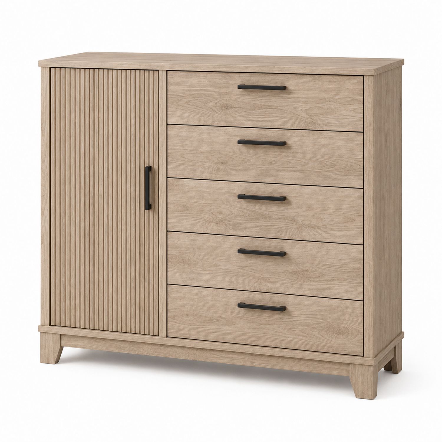 Commode en bois avec 5 tiroirs et 1 porte en chêne clair